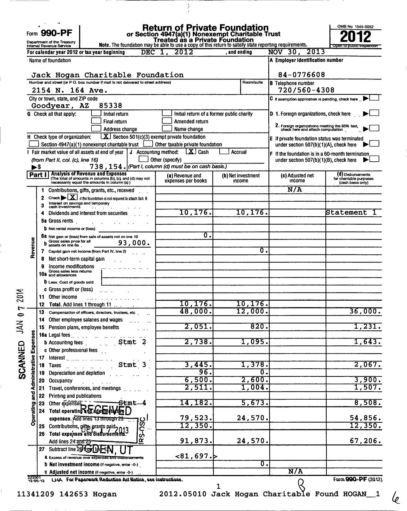 Image of first page of 2012 Form 990PF for Jack Hogan Charitable Foundation