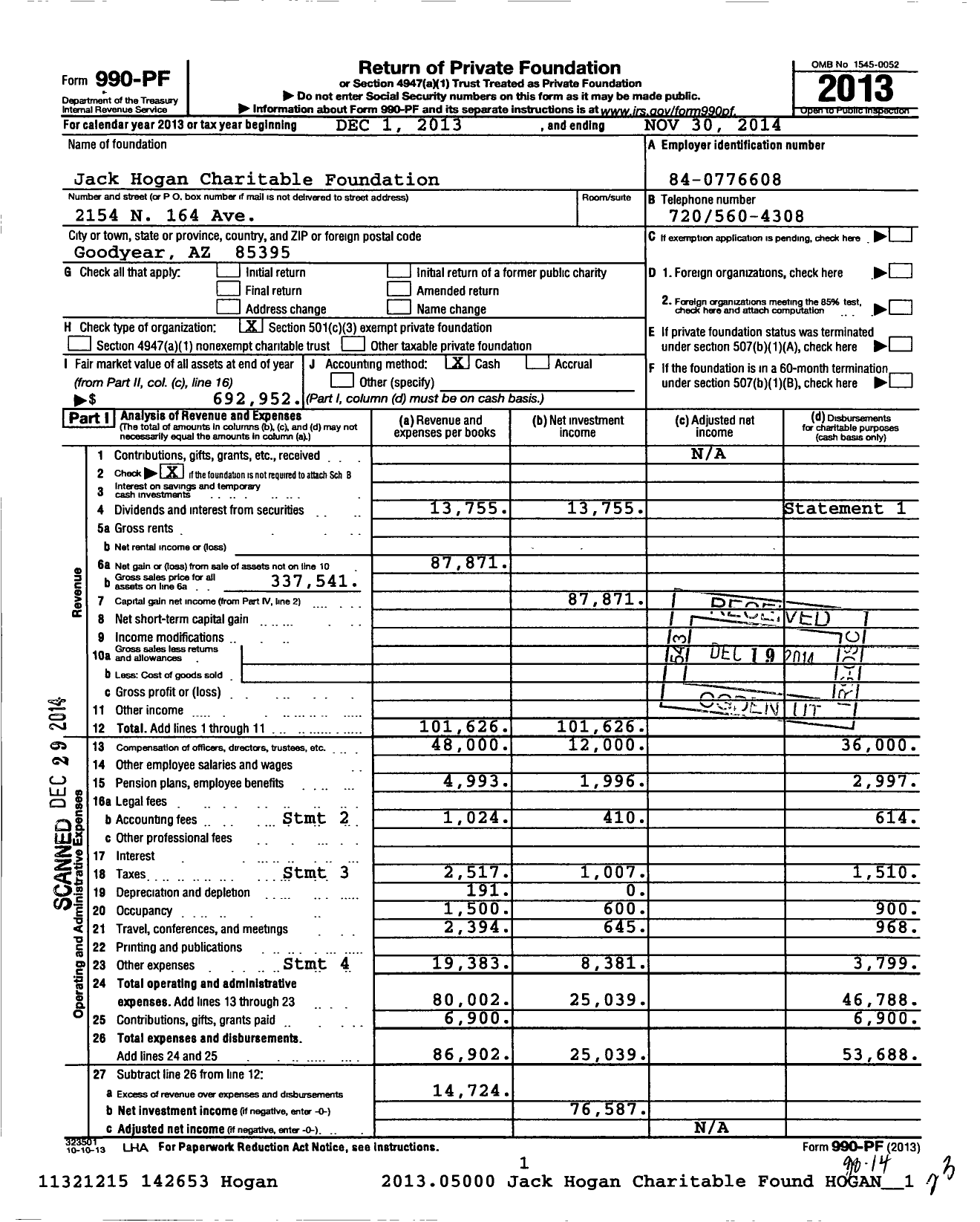 Image of first page of 2013 Form 990PF for Jack Hogan Charitable Foundation