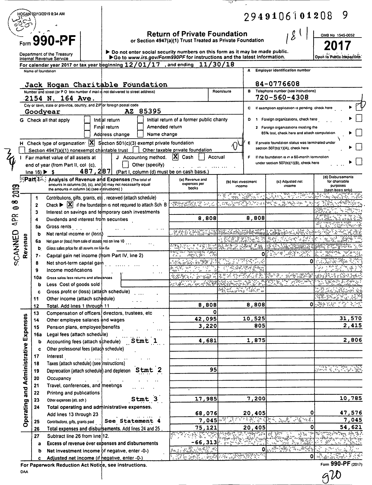 Image of first page of 2017 Form 990PF for Jack Hogan Charitable Foundation