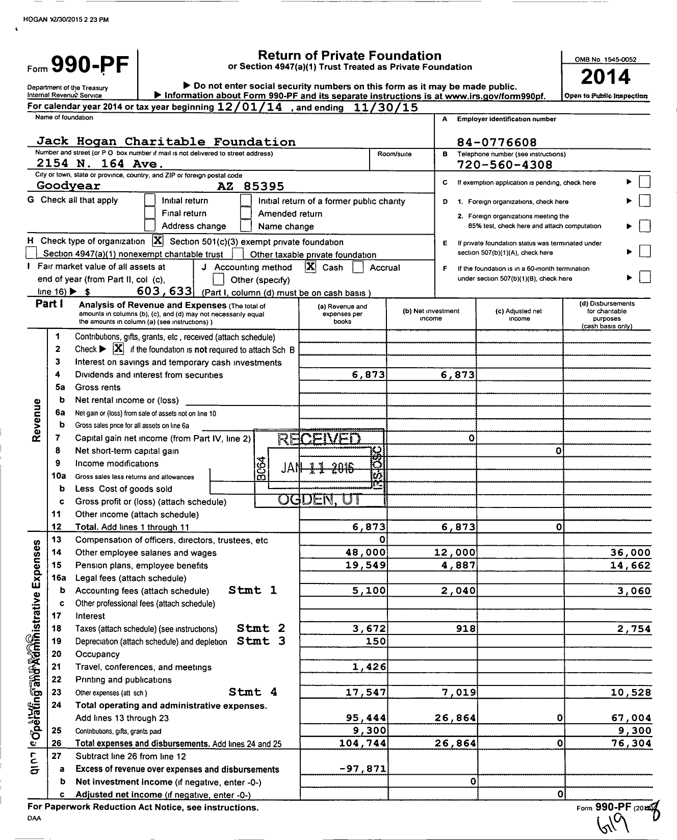 Image of first page of 2014 Form 990PF for Jack Hogan Charitable Foundation