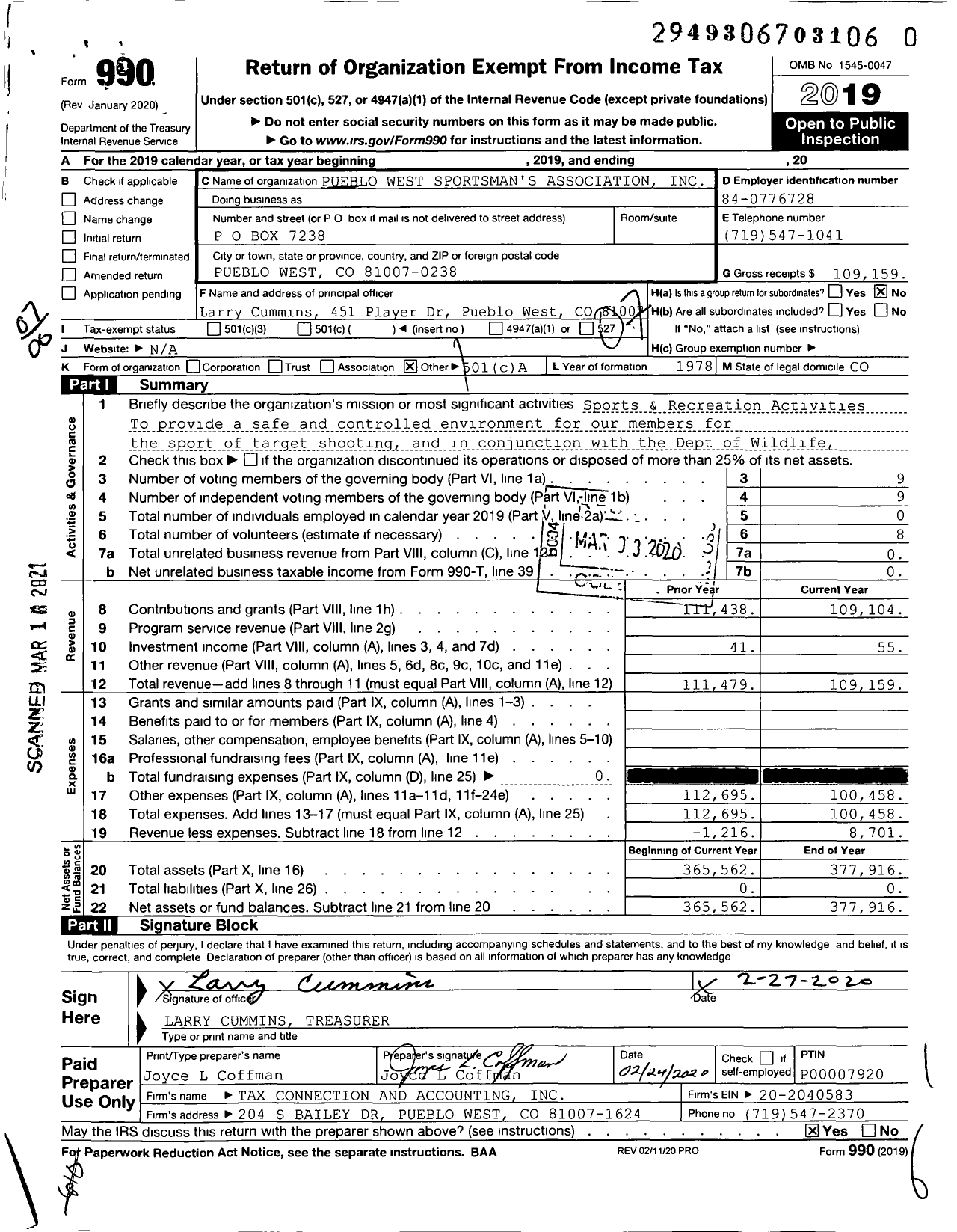 Image of first page of 2019 Form 990O for Pueblo West Sportsman's Association