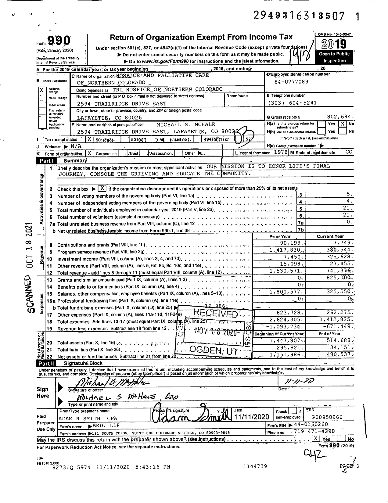 Image of first page of 2019 Form 990 for Hospice and Palliative Care of Northern Colorado