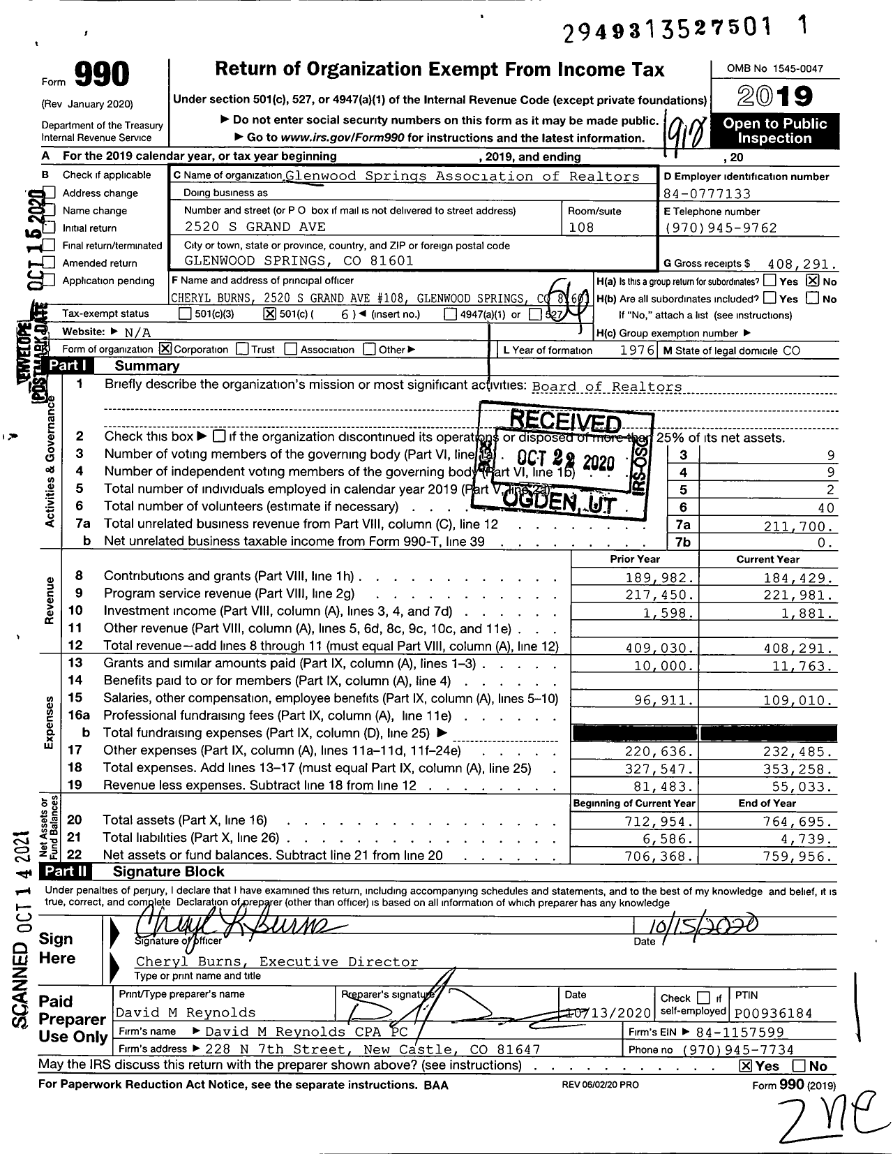 Image of first page of 2019 Form 990O for Glenwood Springs Association of Realtors