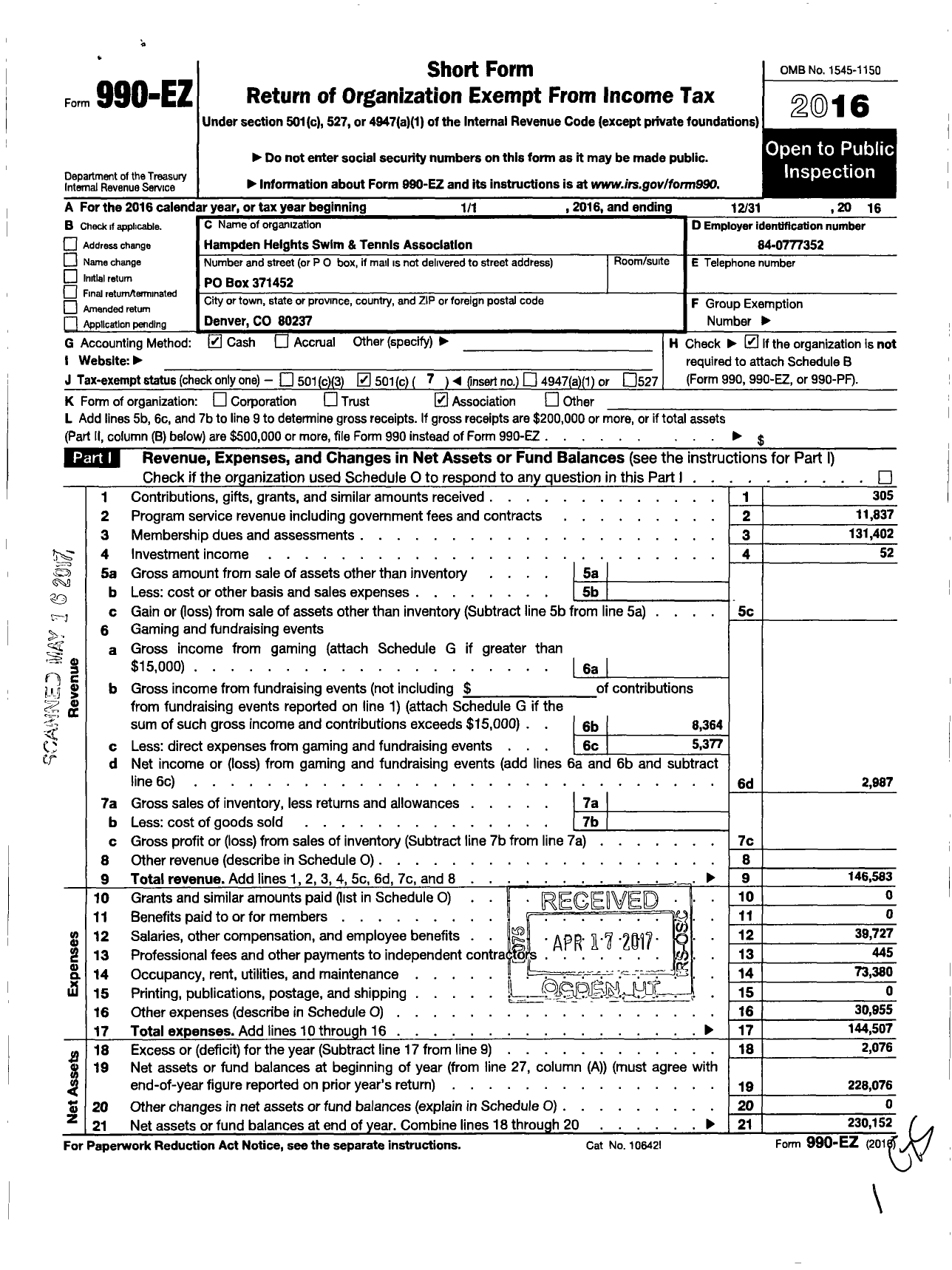 Image of first page of 2016 Form 990EO for Hampden Heights Swim and Tennis Association