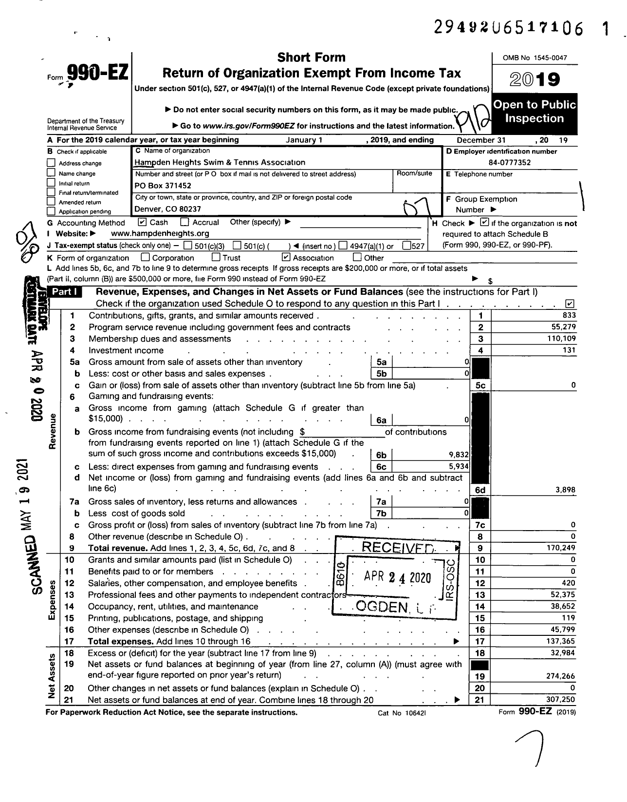 Image of first page of 2019 Form 990EO for Hampden Heights Swim and Tennis Association