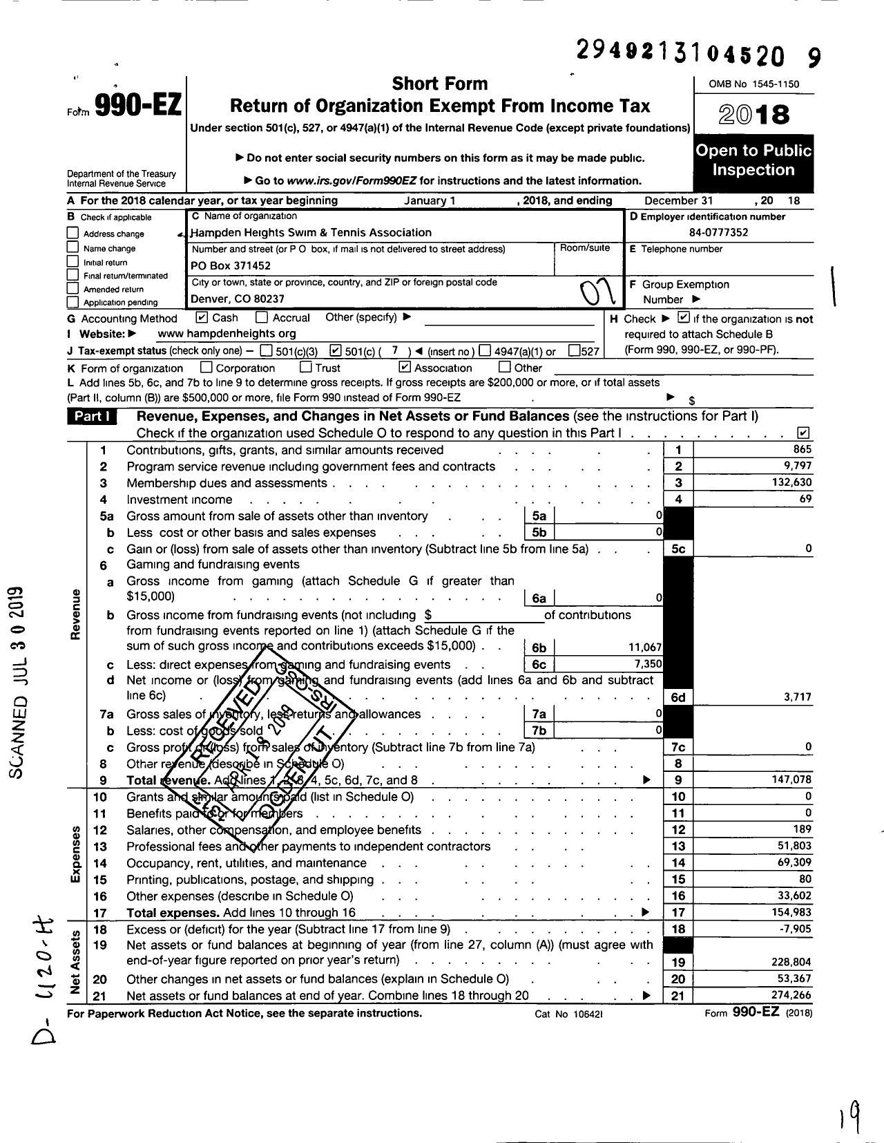 Image of first page of 2018 Form 990EO for Hampden Heights Swim and Tennis Association