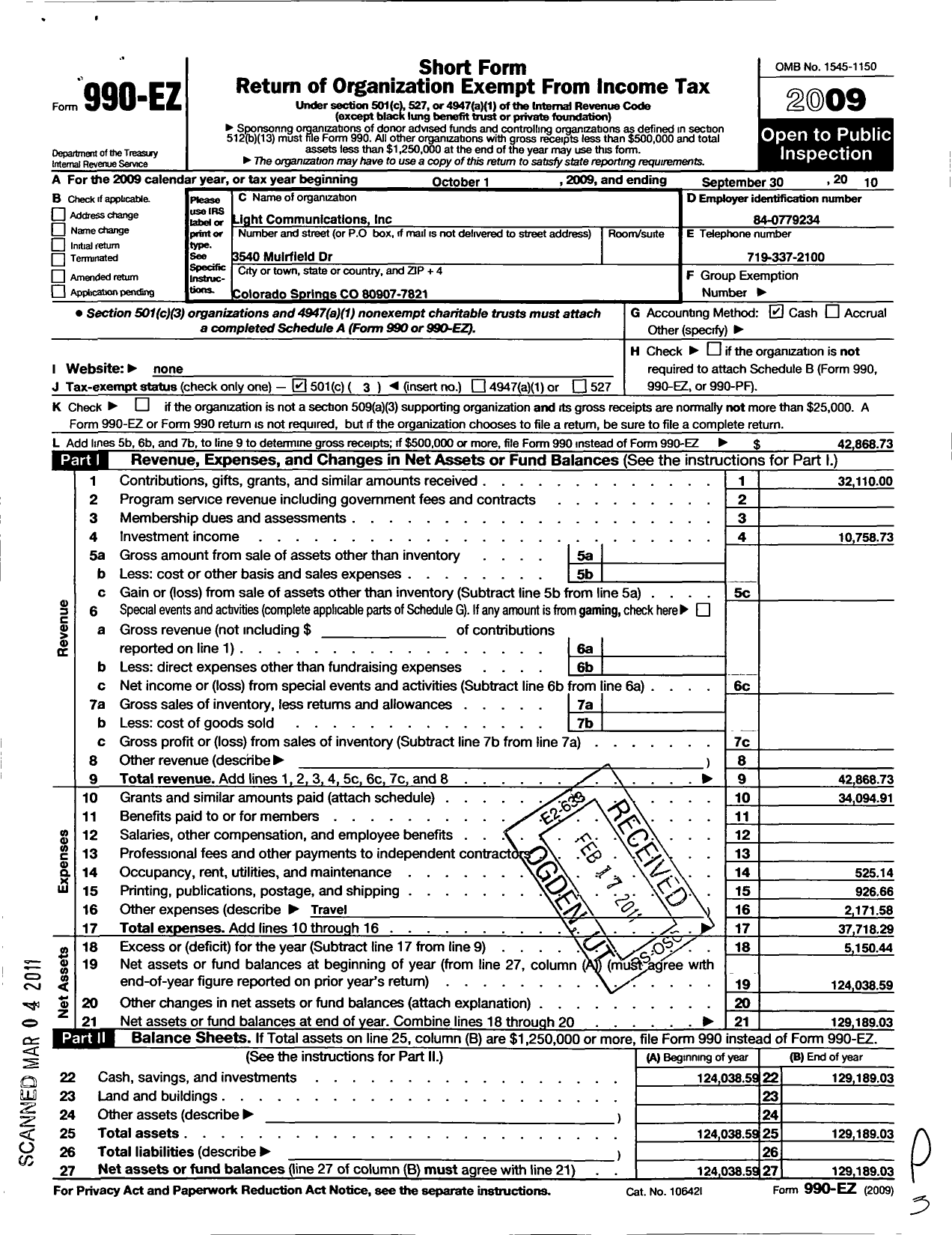 Image of first page of 2009 Form 990EZ for Light Communications