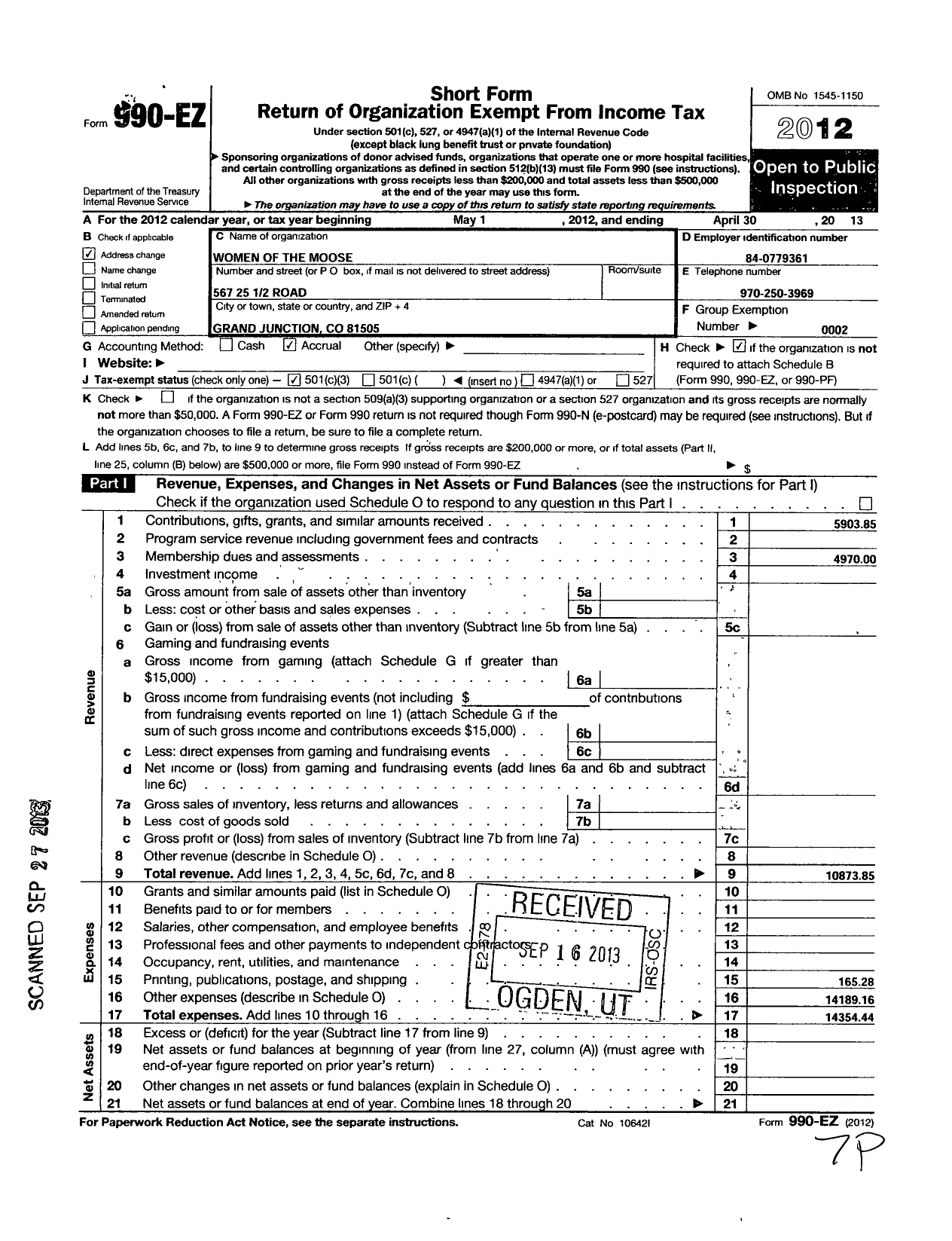 Image of first page of 2012 Form 990EZ for Loyal Order of Moose - 1073