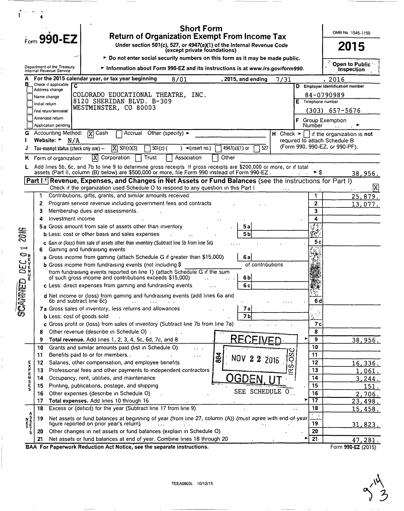 Image of first page of 2015 Form 990EZ for Colorado Educational Theatre