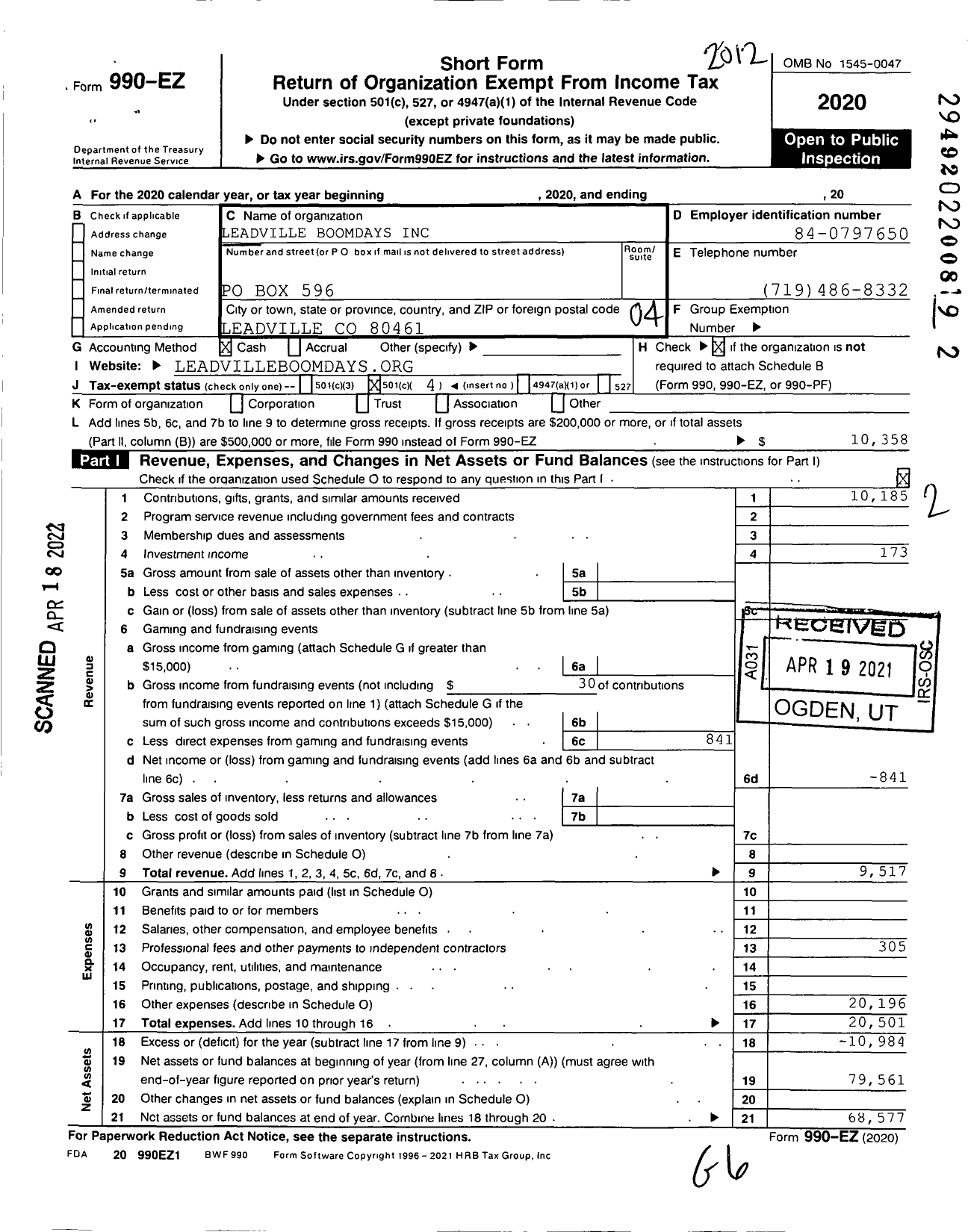 Image of first page of 2020 Form 990EO for Leadville Boomdays