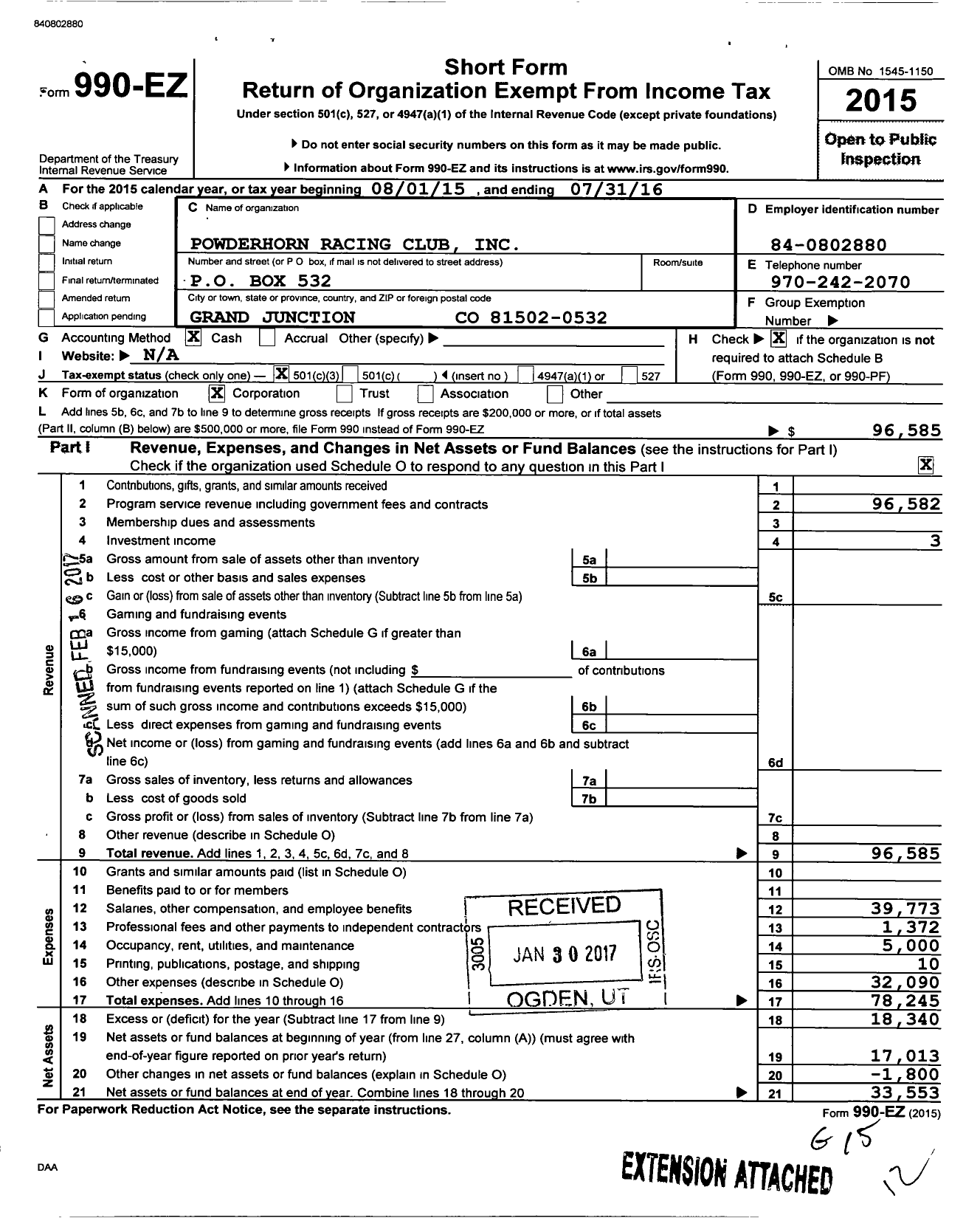 Image of first page of 2015 Form 990EZ for Powderhorn Racing Club