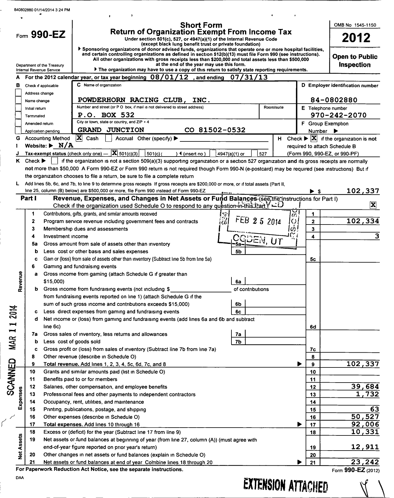 Image of first page of 2012 Form 990EZ for Powderhorn Racing Club