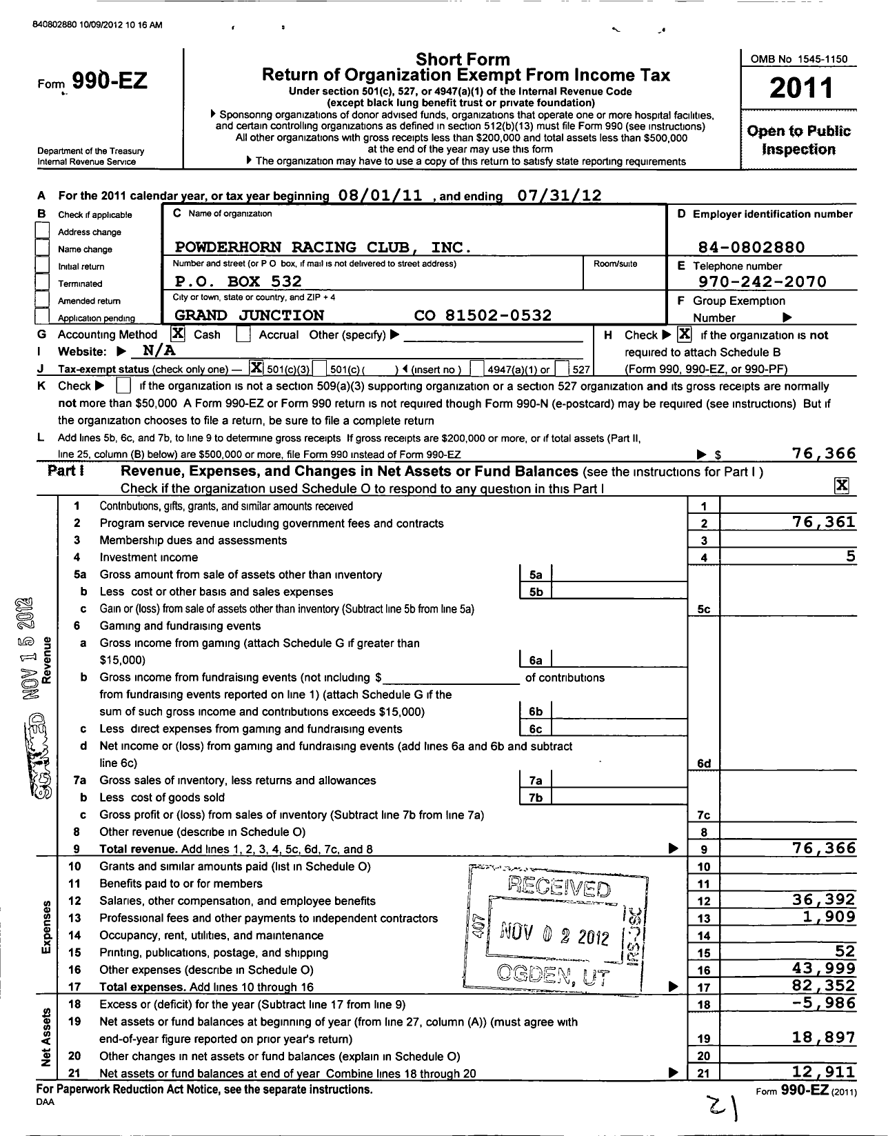 Image of first page of 2011 Form 990EZ for Powderhorn Racing Club