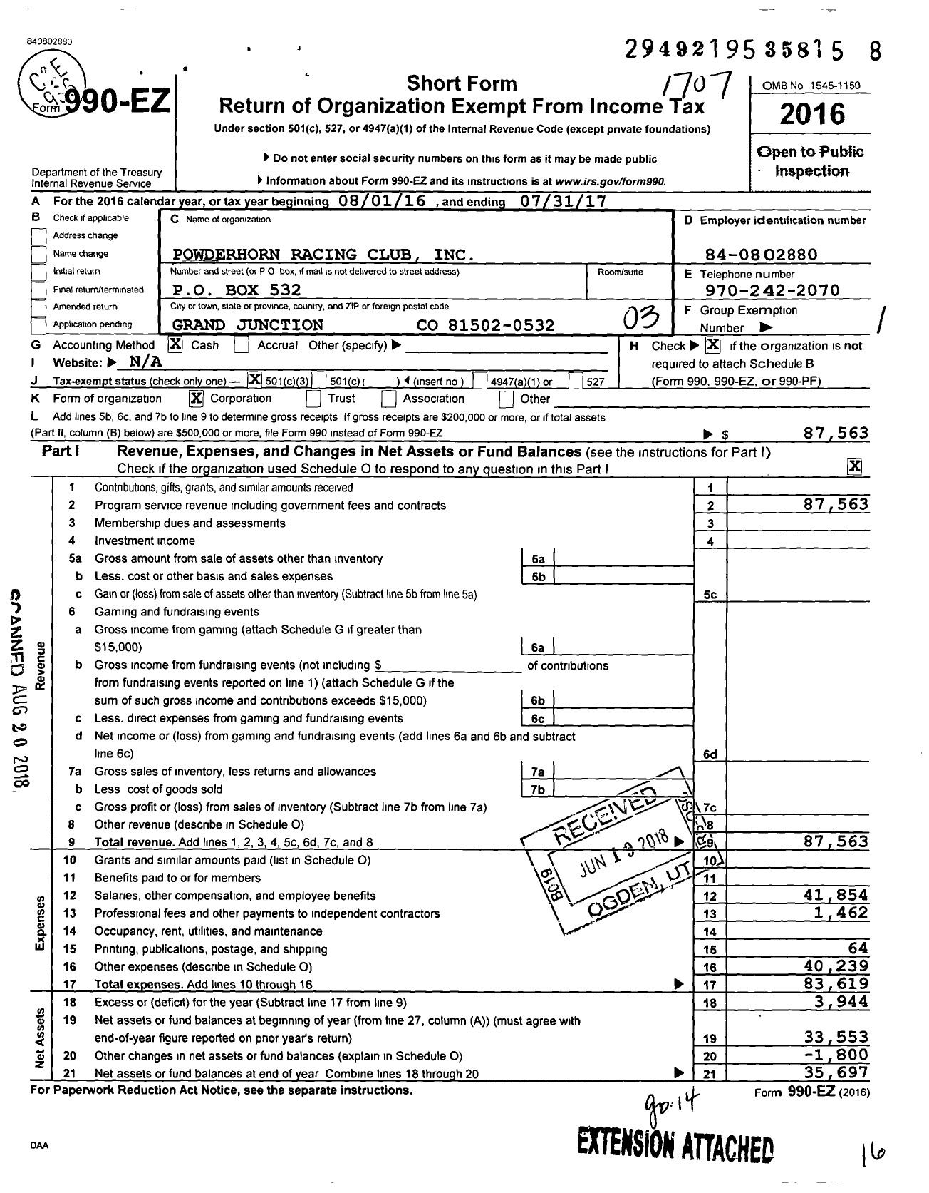 Image of first page of 2016 Form 990EZ for Powderhorn Racing Club