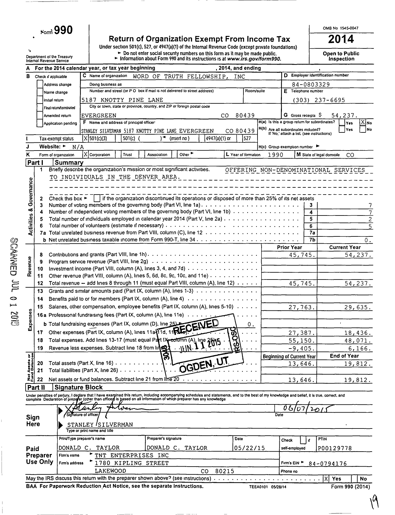 Image of first page of 2014 Form 990 for Word of Truth Fellowship