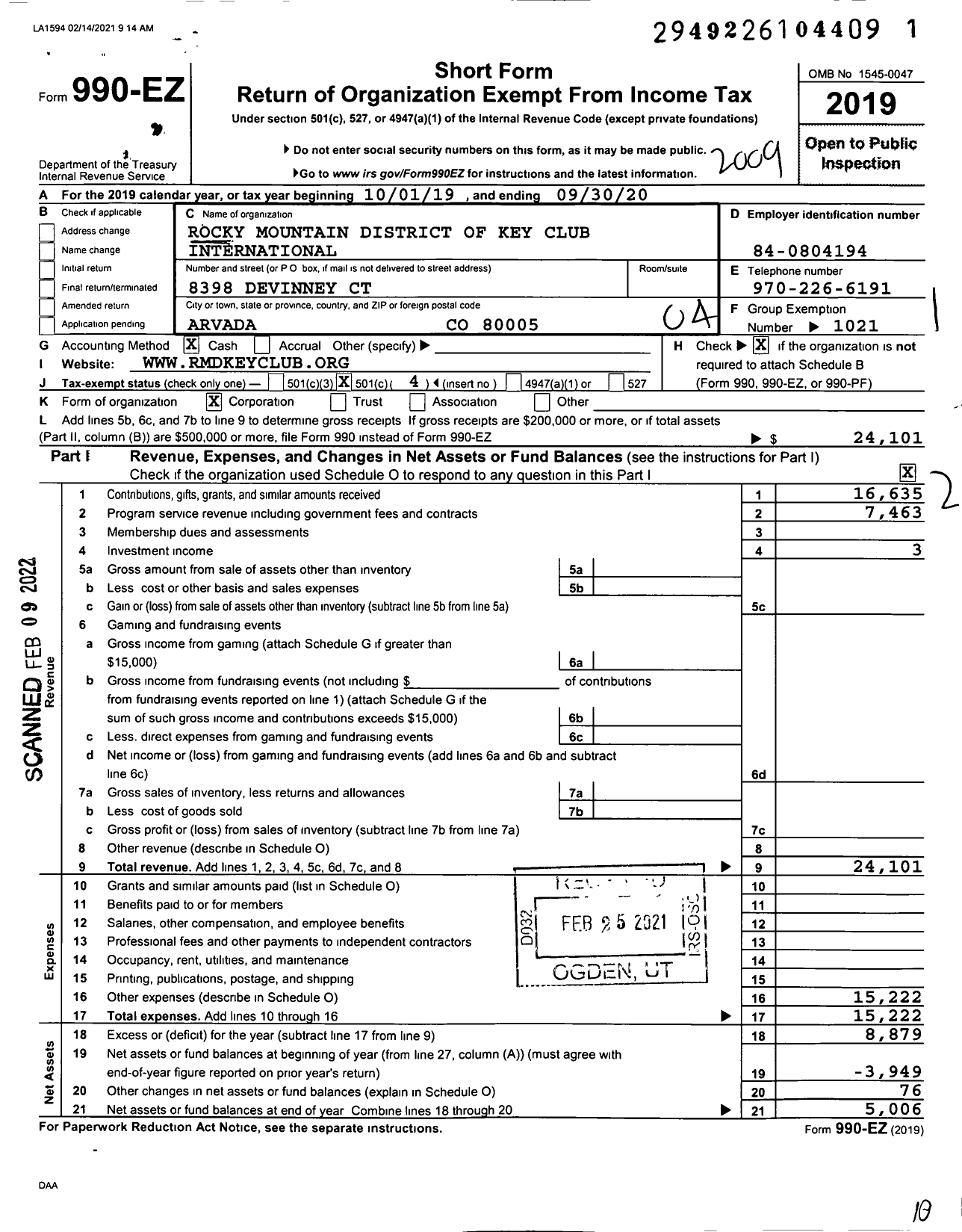 Image of first page of 2019 Form 990EO for Rocky Mountain District of Key Club International