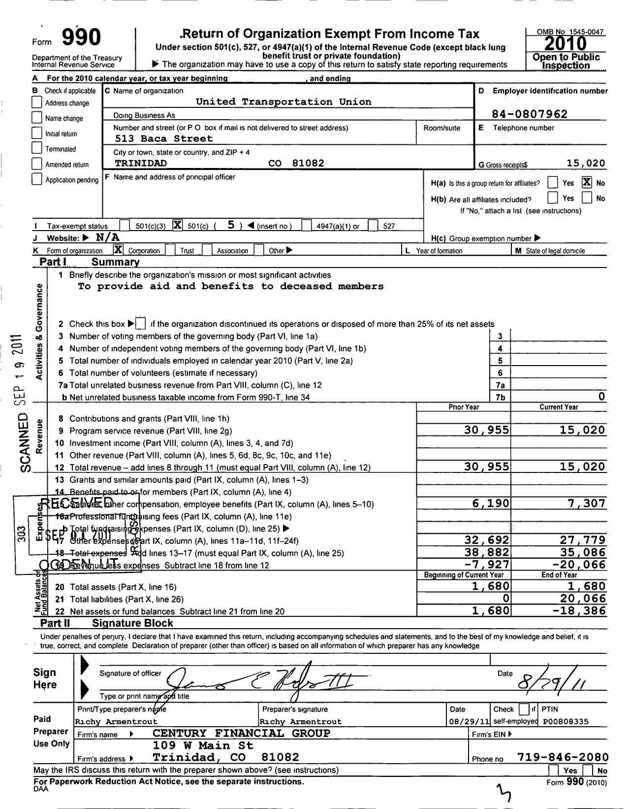 Image of first page of 2010 Form 990O for Smart Union - 201 TD