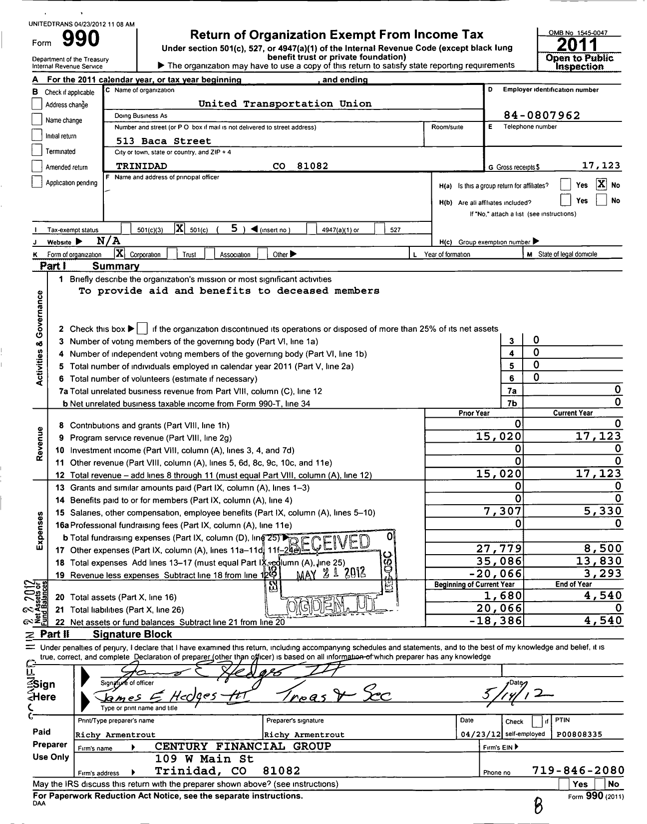 Image of first page of 2011 Form 990O for Smart Union - 201 TD