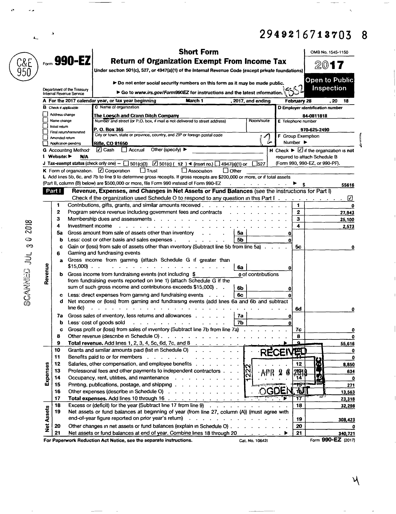 Image of first page of 2017 Form 990EO for Loesch and Crann Ditch Company