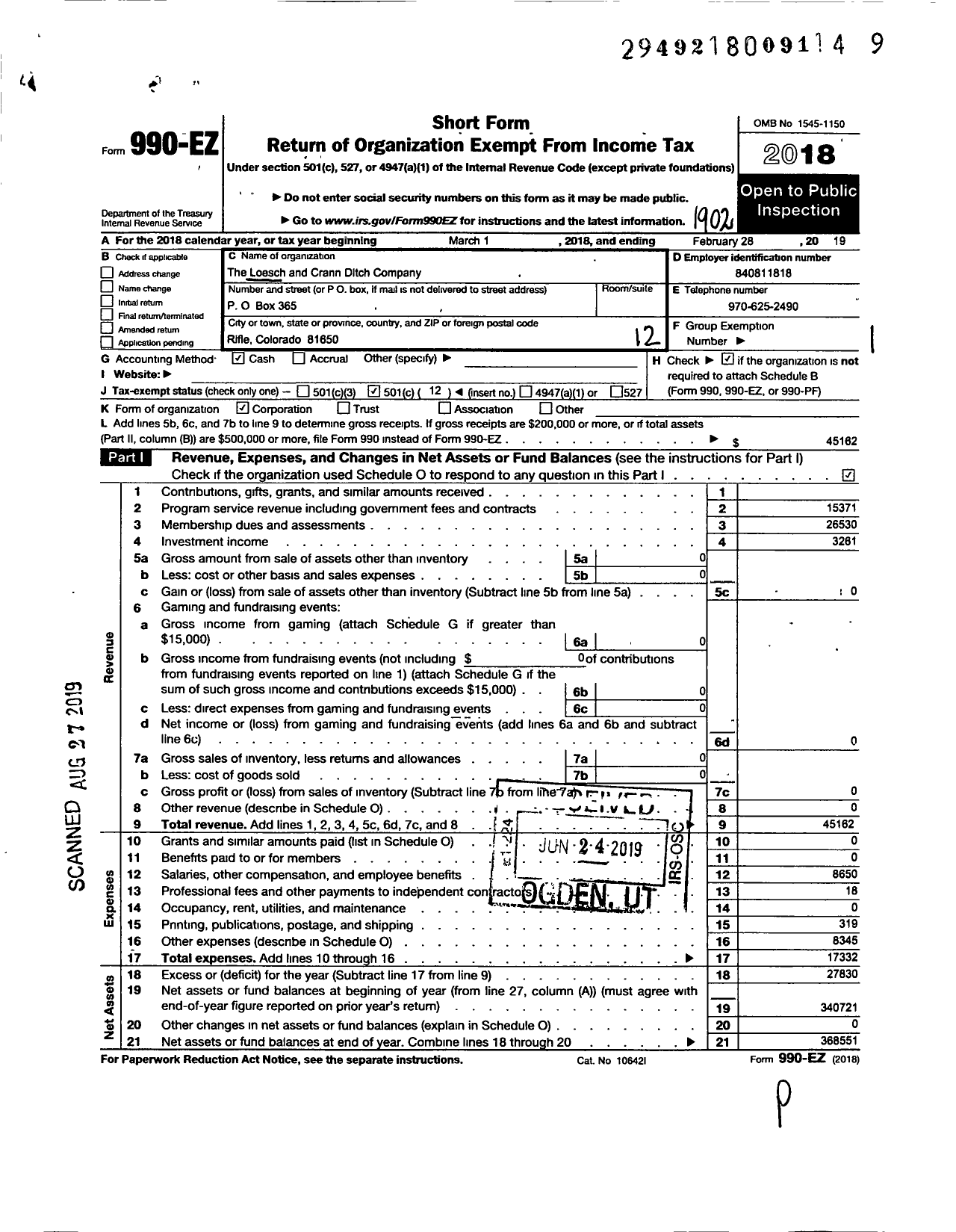 Image of first page of 2018 Form 990EO for Loesch and Crann Ditch Company
