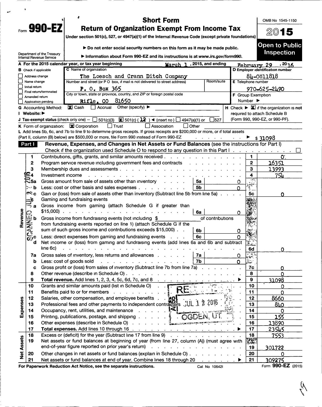 Image of first page of 2015 Form 990EO for Loesch and Crann Ditch Company