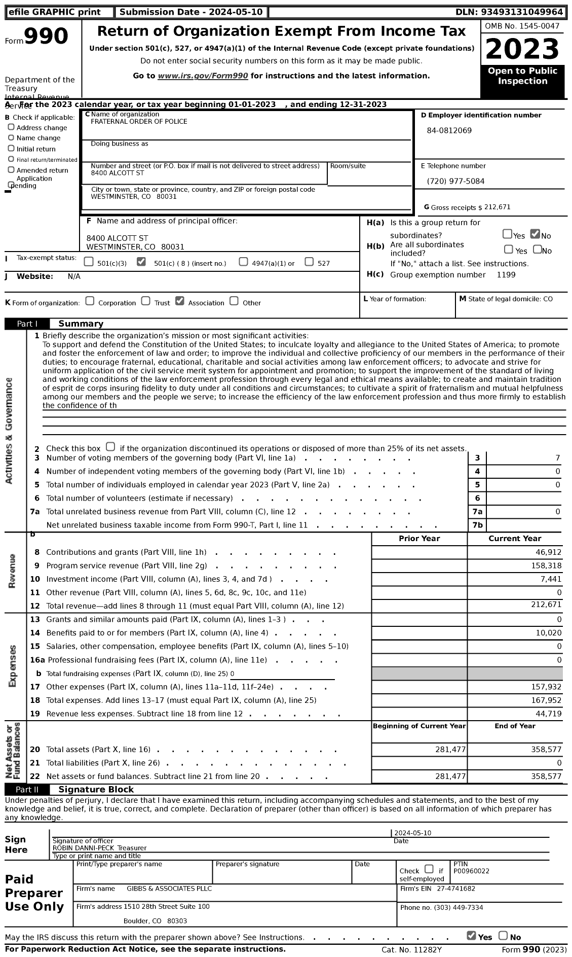 Image of first page of 2023 Form 990 for Fraternal Order of Police - 16 Thornton Police Officer