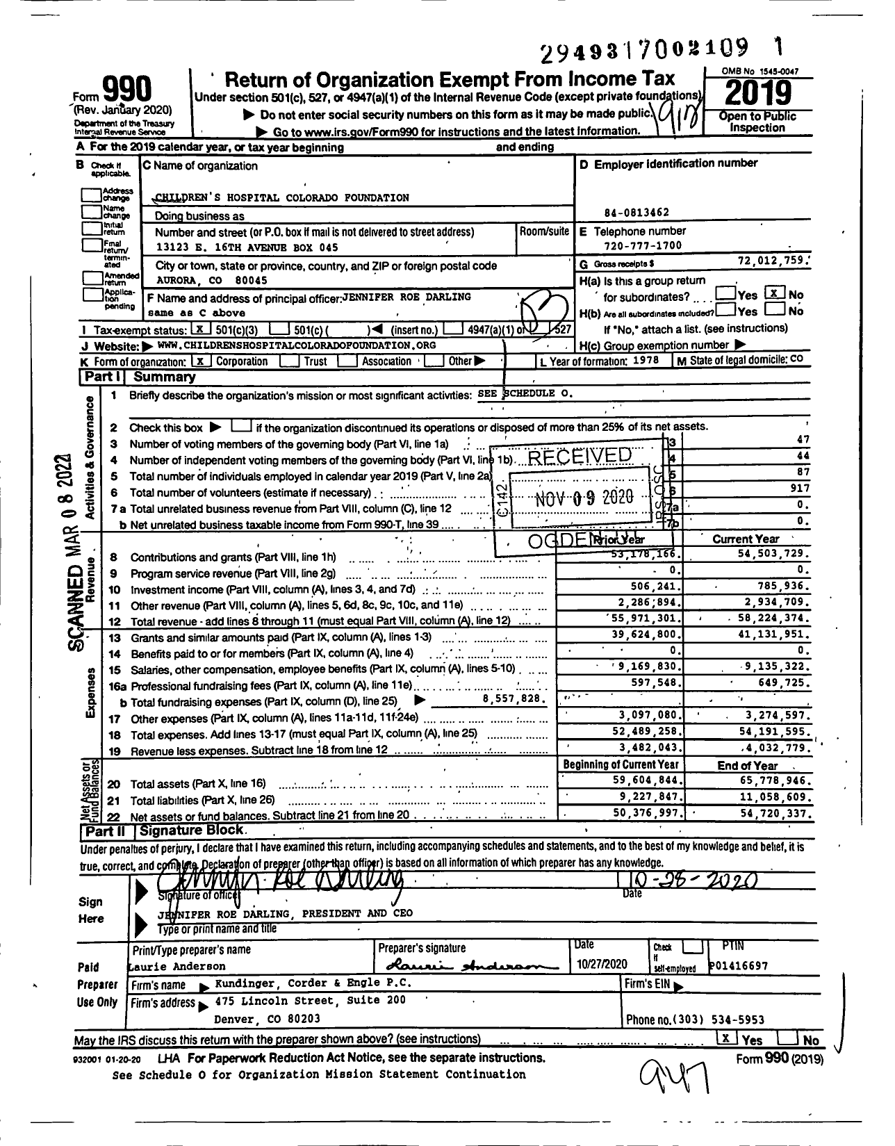 Image of first page of 2019 Form 990 for Children's Hospital Colorado Foundation