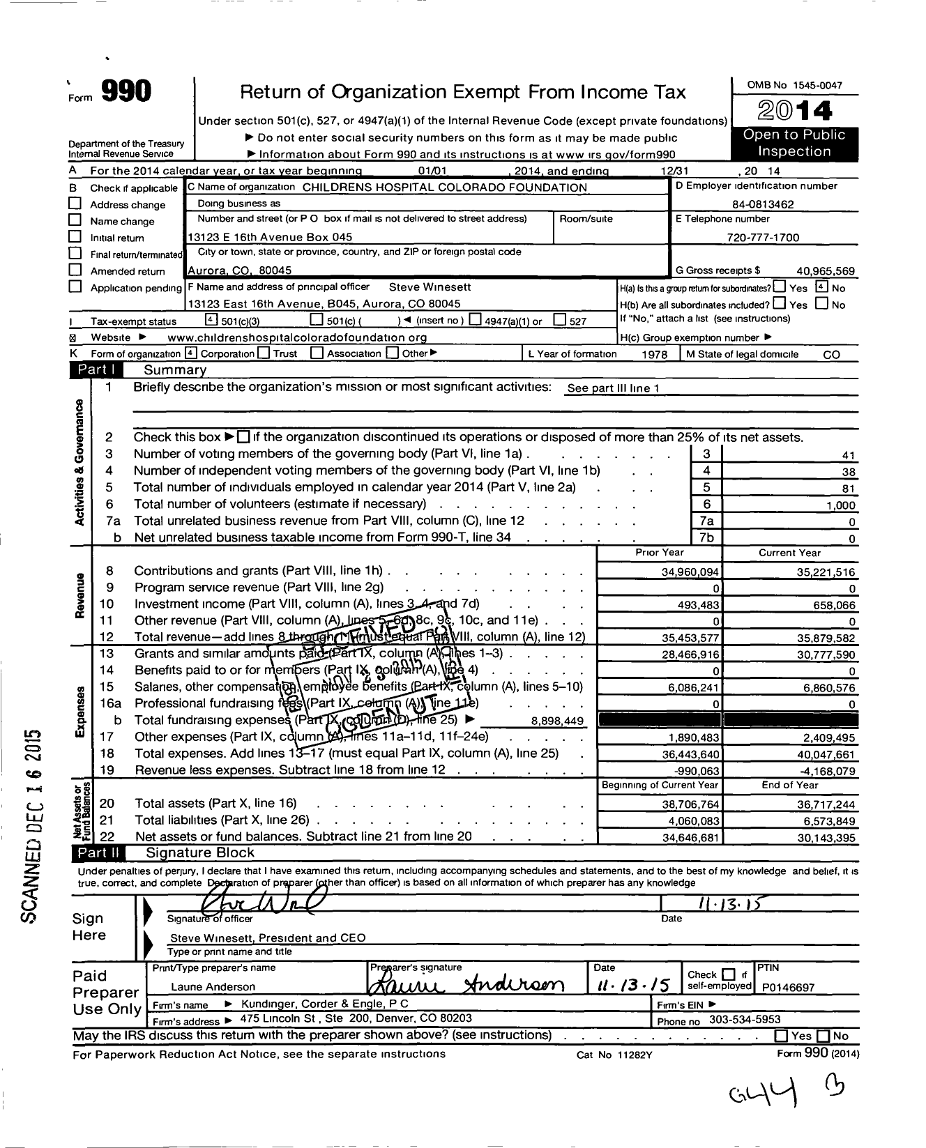 Image of first page of 2014 Form 990 for Children's Hospital Colorado Foundation