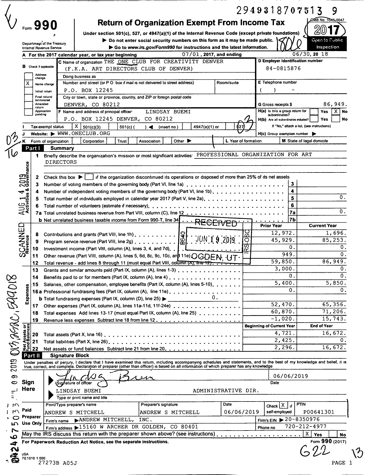 Image of first page of 2017 Form 990 for The One Club For Creativity Denver