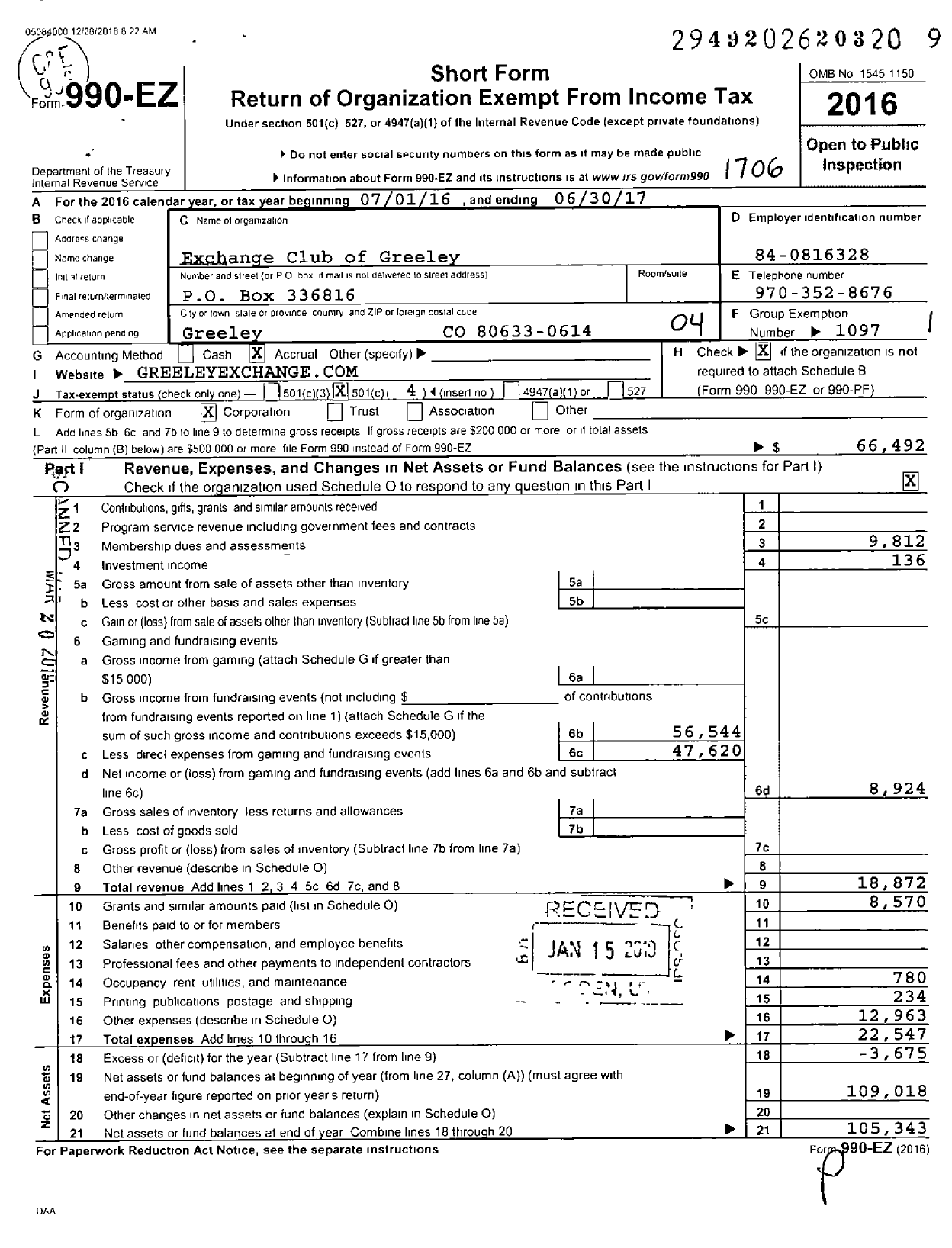 Image of first page of 2016 Form 990EO for National Exchange Club - 1221 Greeley Co