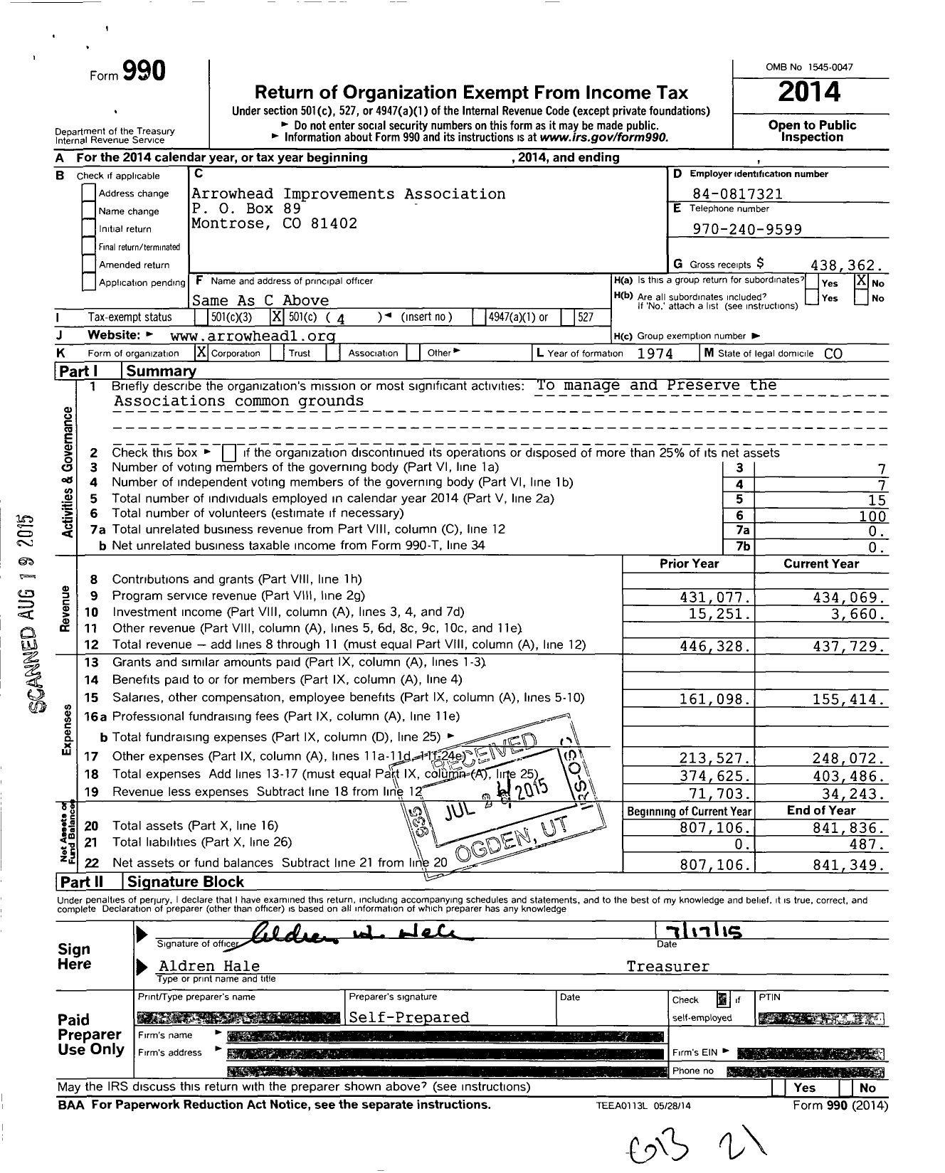 Image of first page of 2014 Form 990O for Arrowhead Improvement Association