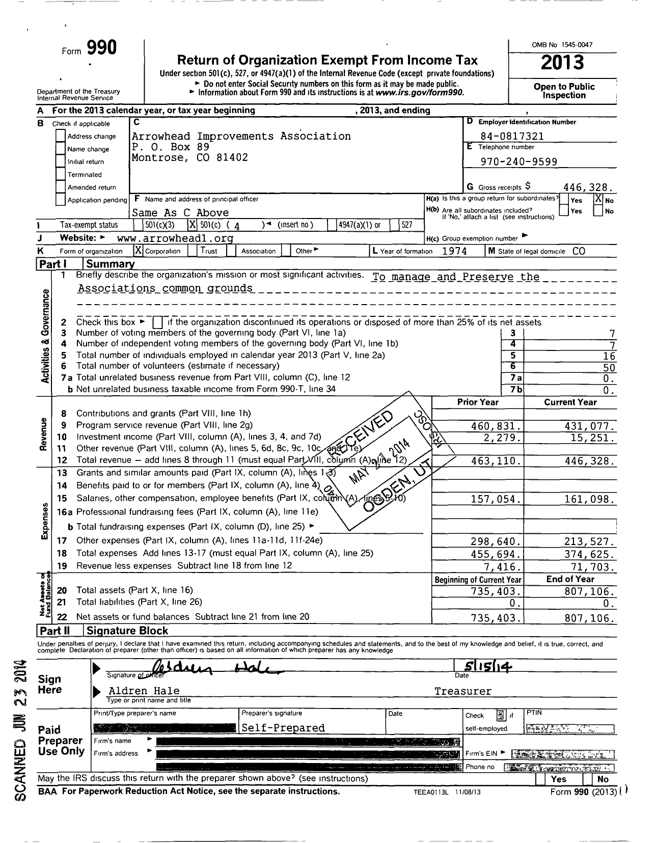 Image of first page of 2013 Form 990O for Arrowhead Improvement Association