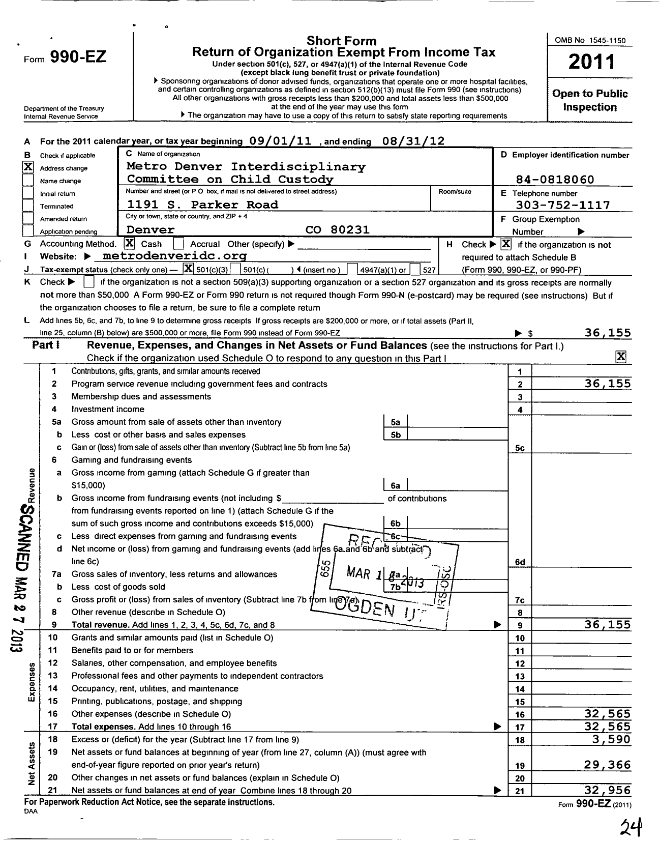 Image of first page of 2011 Form 990EZ for Metropolitan Denver Interdisciplinary Committee