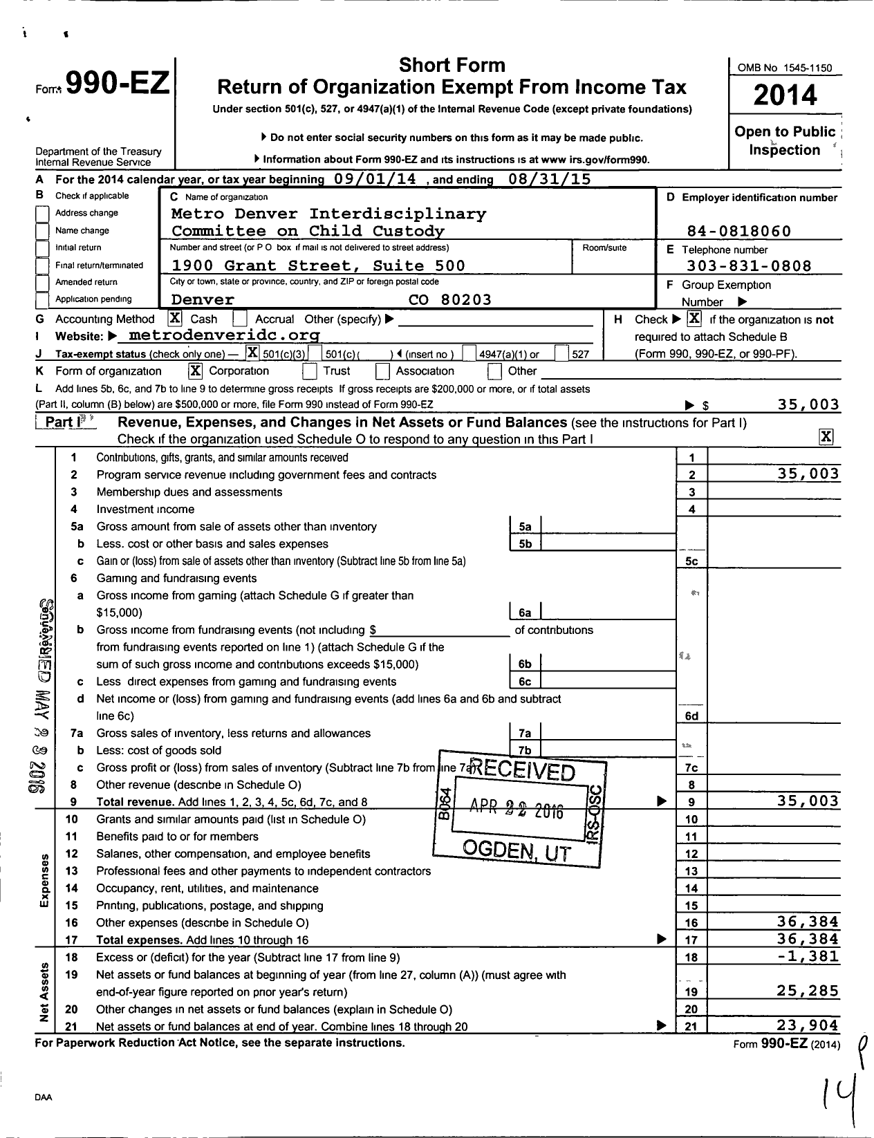 Image of first page of 2014 Form 990EZ for Metropolitan Denver Interdisciplinary Committee