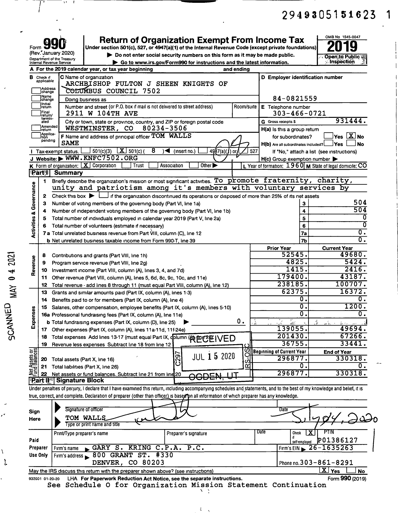 Image of first page of 2019 Form 990O for Knights of Columbus - 7502 Archbishop Fulton J Sheen Coun