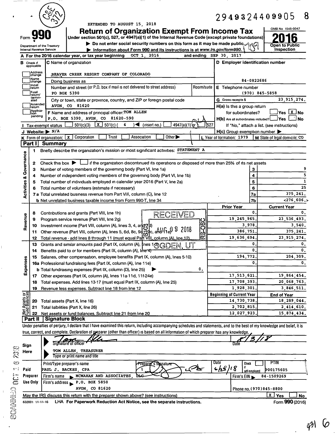 Image of first page of 2016 Form 990O for Beaver Creek Resort Company of Colorado