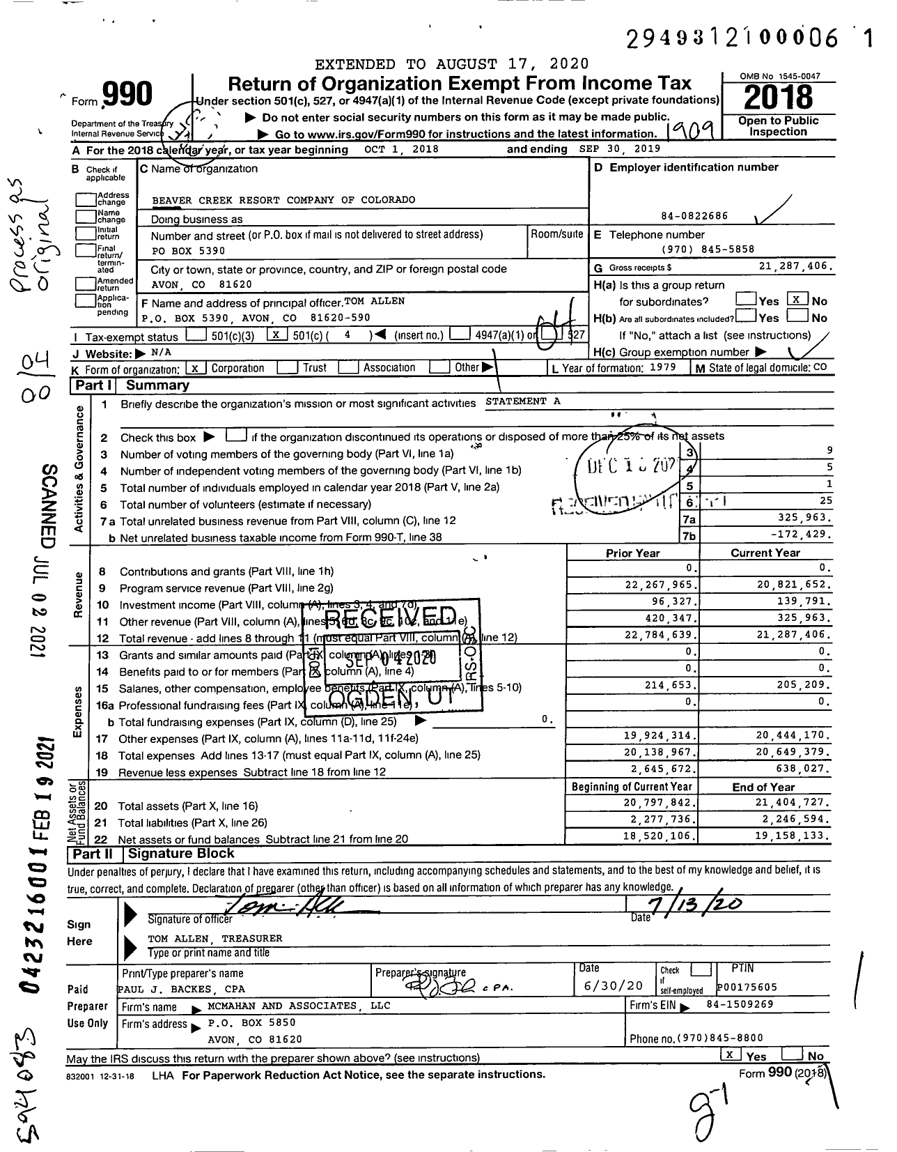 Image of first page of 2018 Form 990O for Beaver Creek Resort Company of Colorado