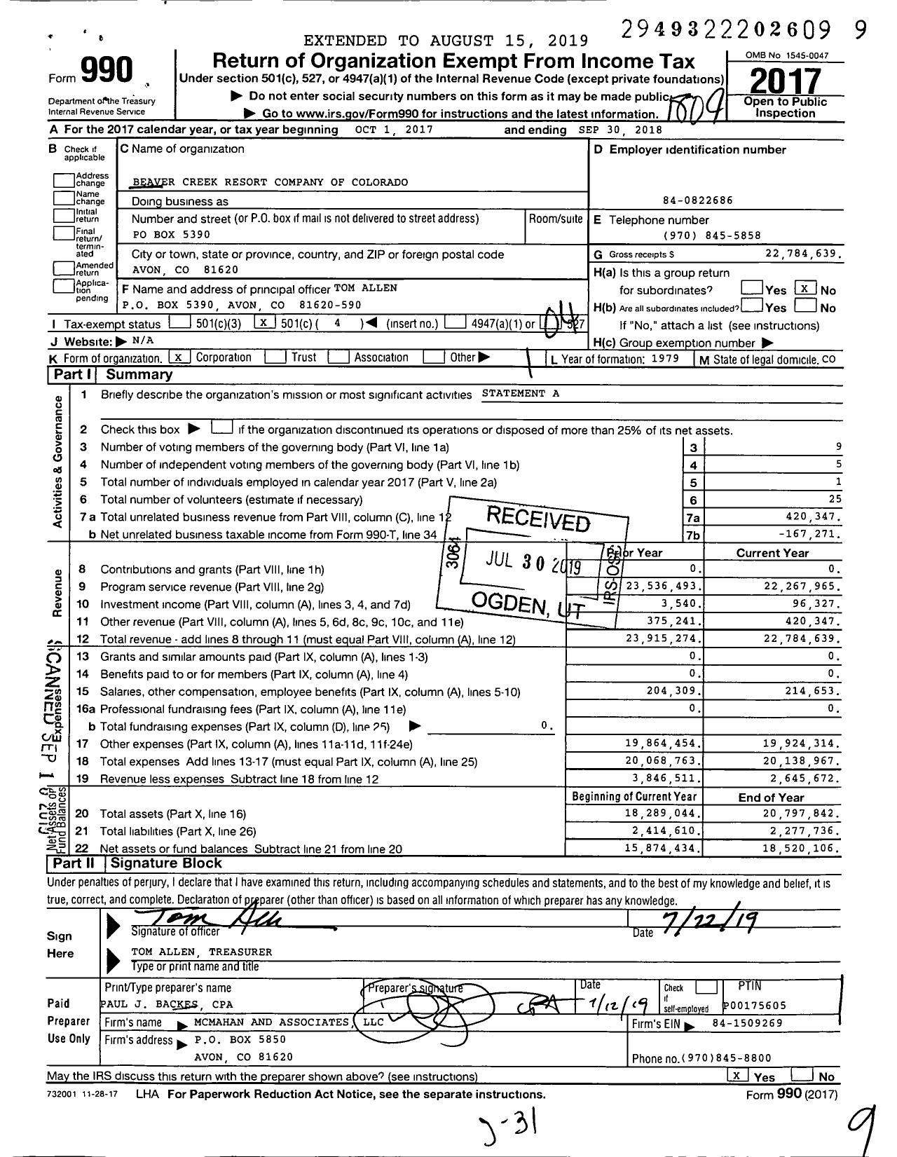 Image of first page of 2017 Form 990O for Beaver Creek Resort Company of Colorado