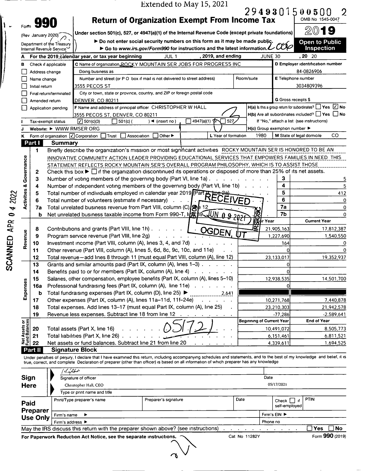 Image of first page of 2019 Form 990 for Rocky Mountain Service, Employment and Redevelopment (RMSER)