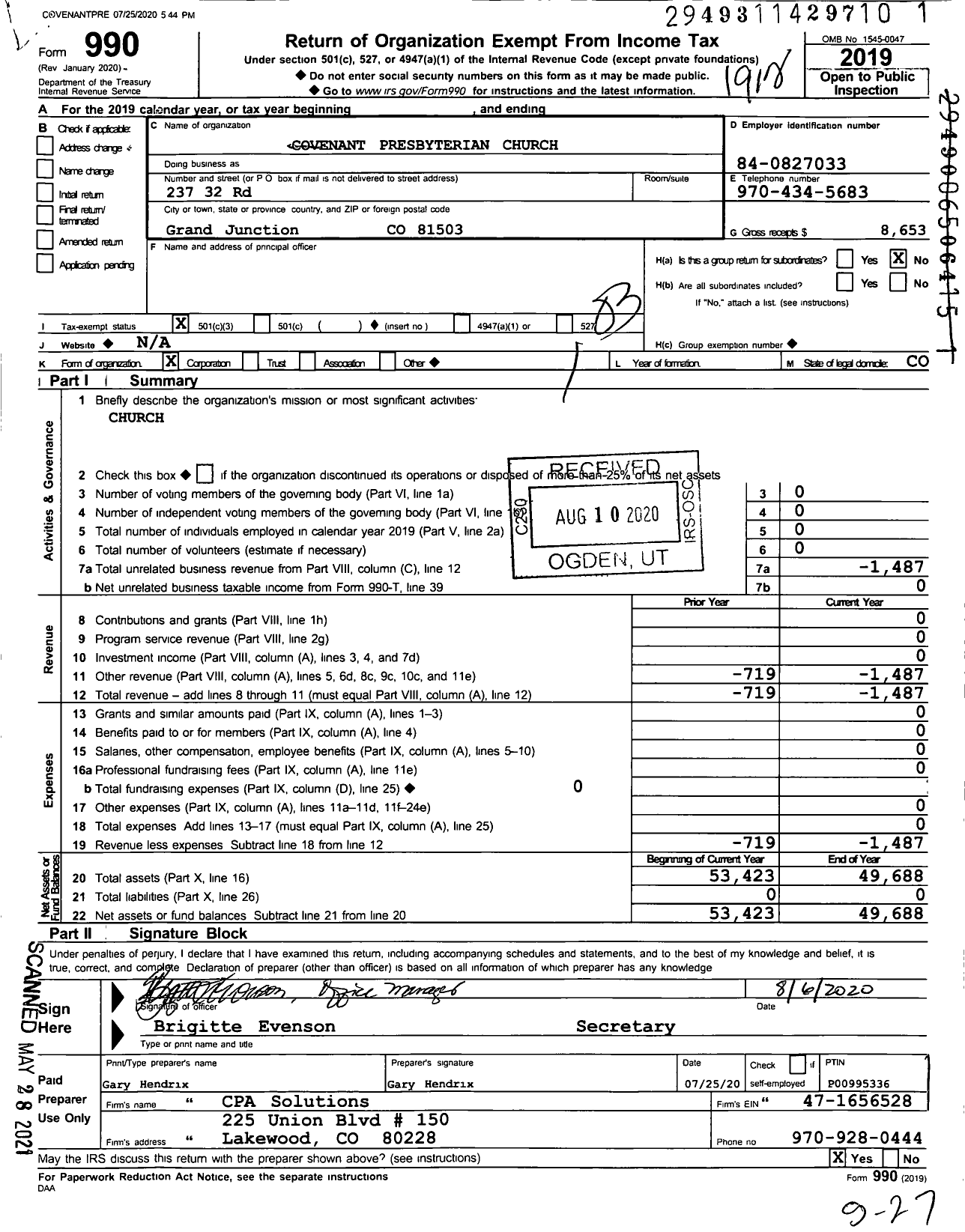 Image of first page of 2019 Form 990 for Covenant Presbyterian Church