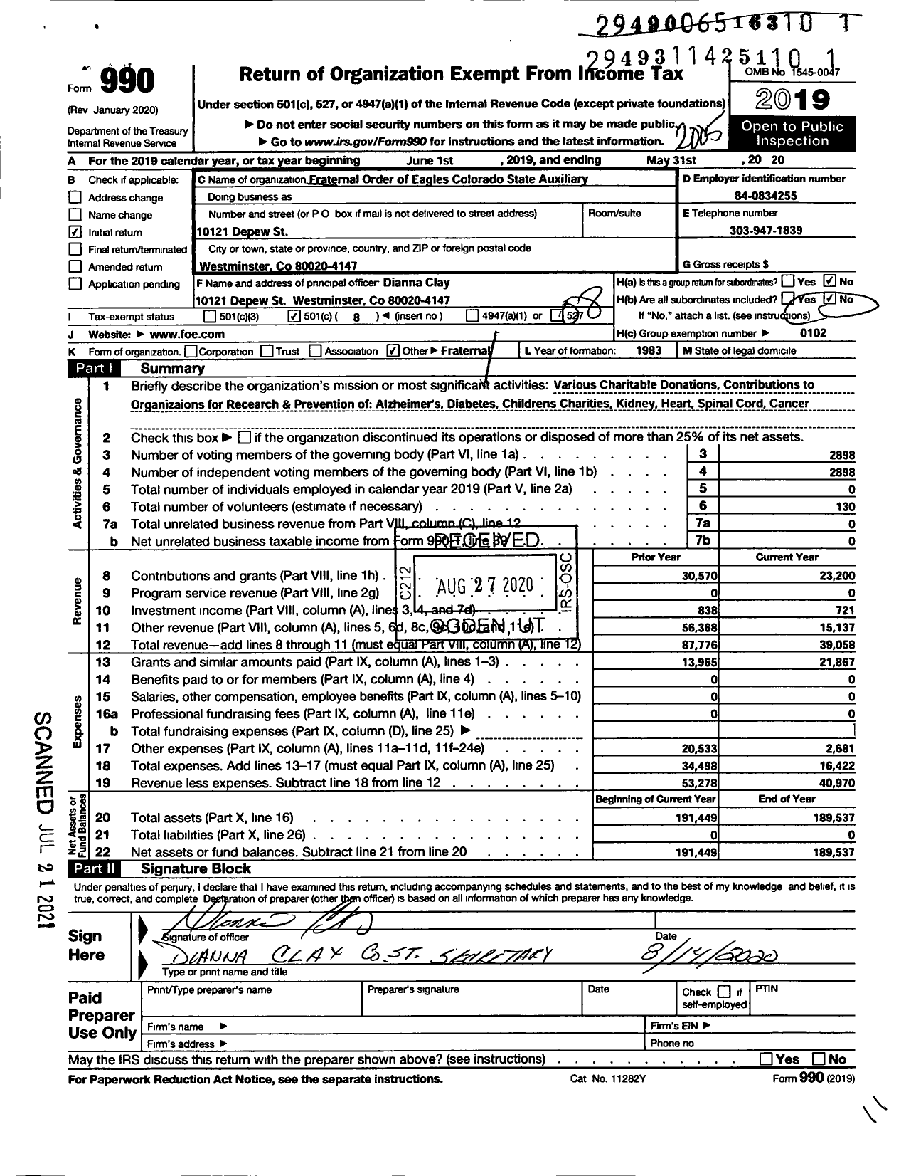 Image of first page of 2019 Form 990O for Fraternal Order of Eagles - Colorado State Aux