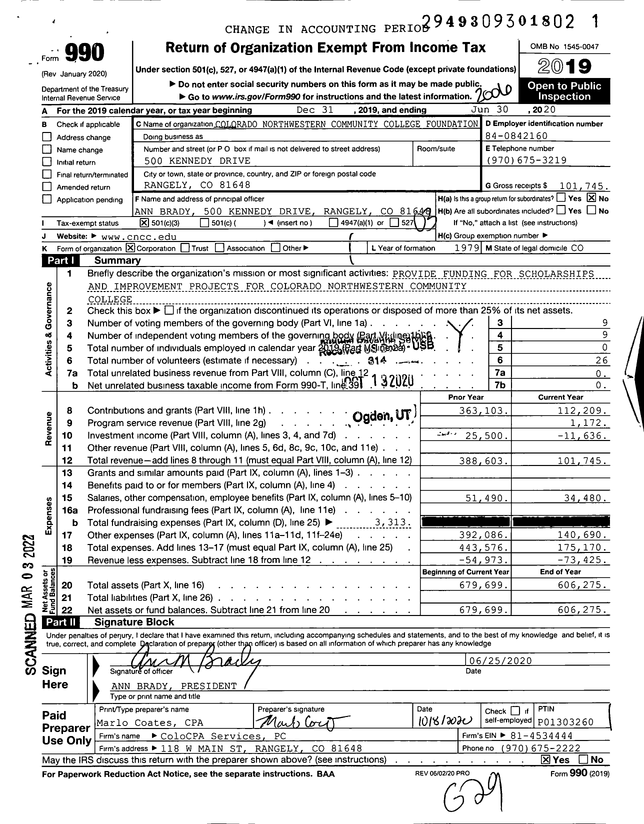 Image of first page of 2019 Form 990 for Colorado Northwestern Community College Foundation