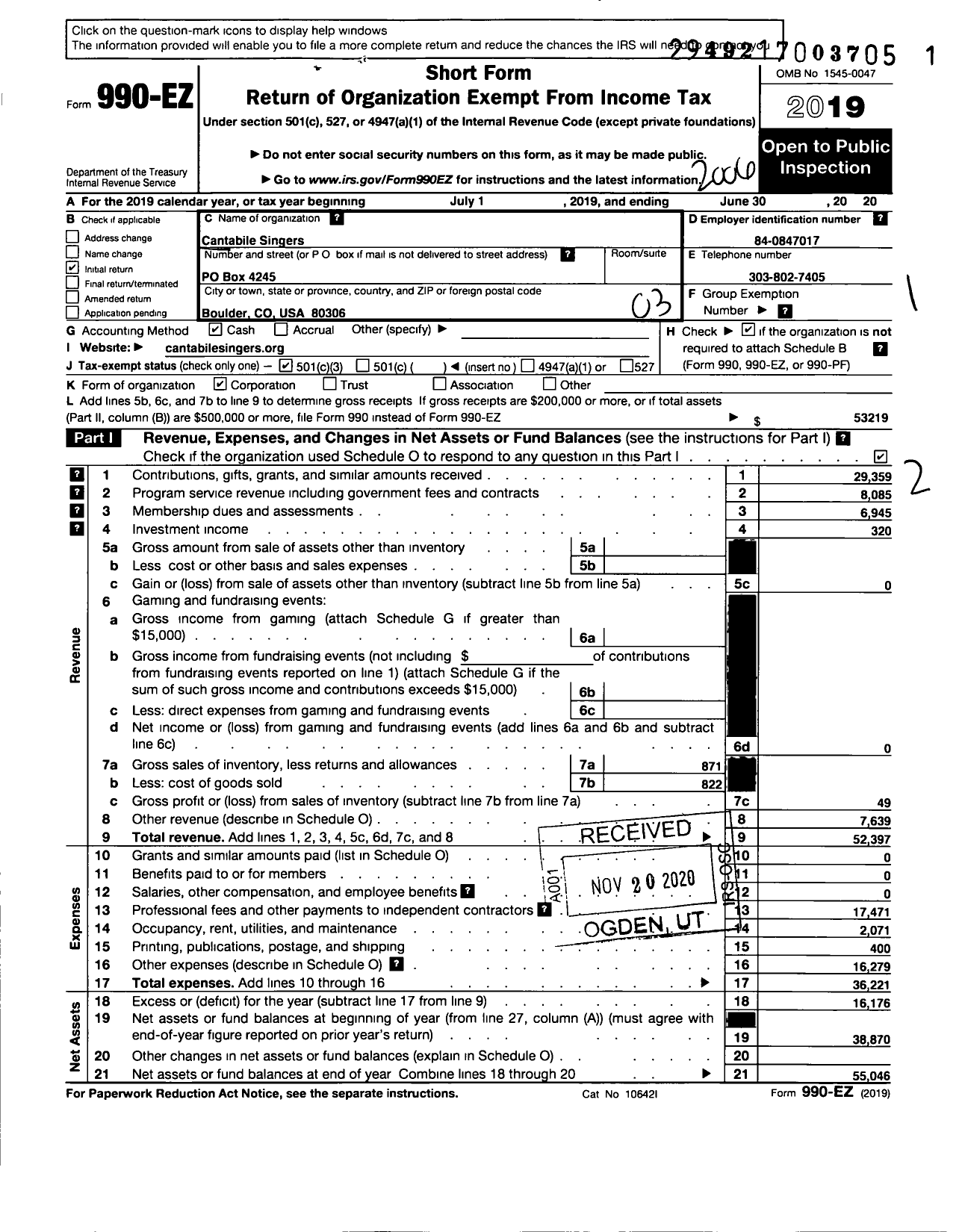 Image of first page of 2019 Form 990EZ for Cantabile Singers