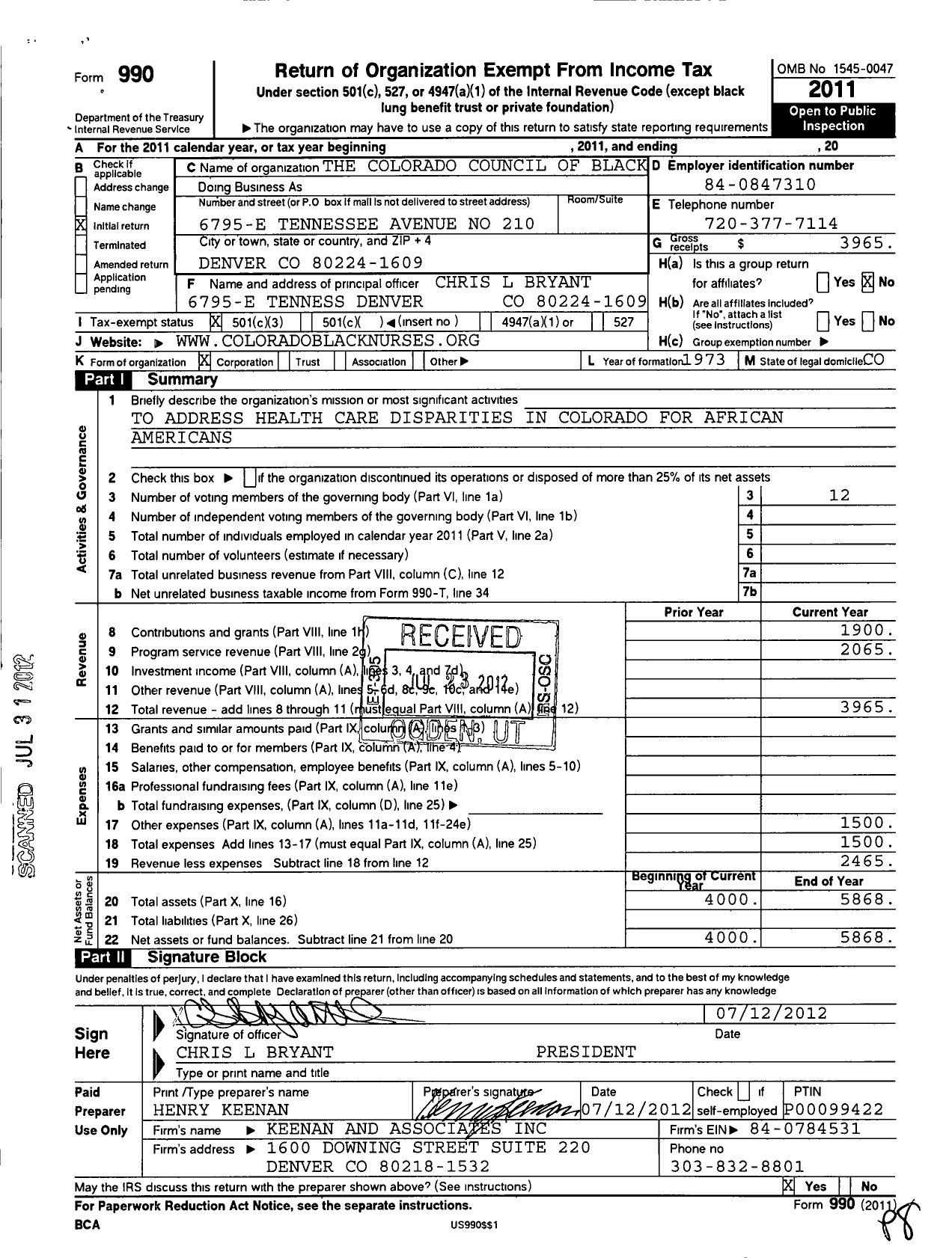 Image of first page of 2011 Form 990 for Colorado Council of Black Nurses