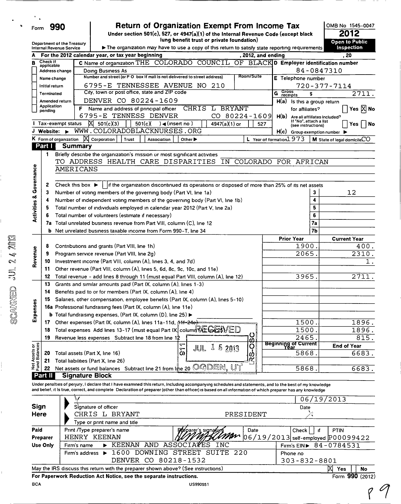 Image of first page of 2012 Form 990 for Colorado Council of Black Nurses