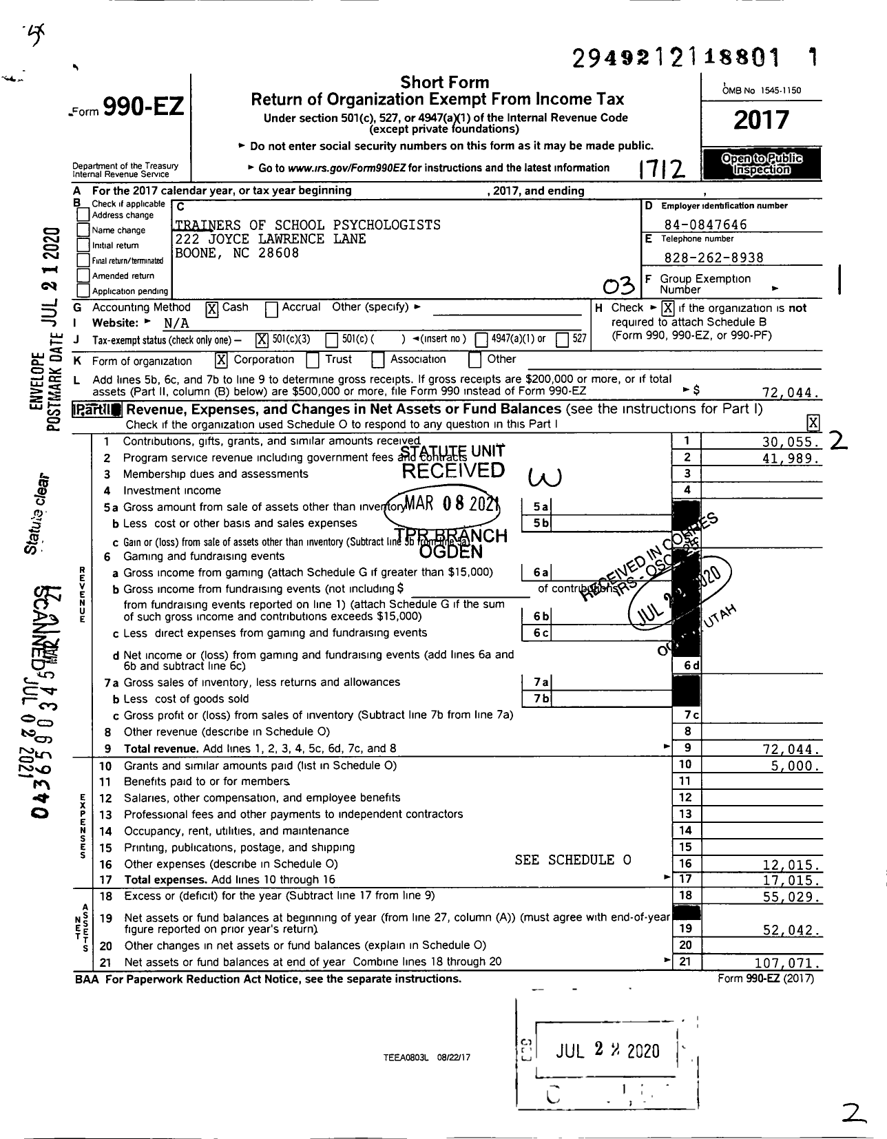 Image of first page of 2017 Form 990EZ for Trainers of School Psychologists