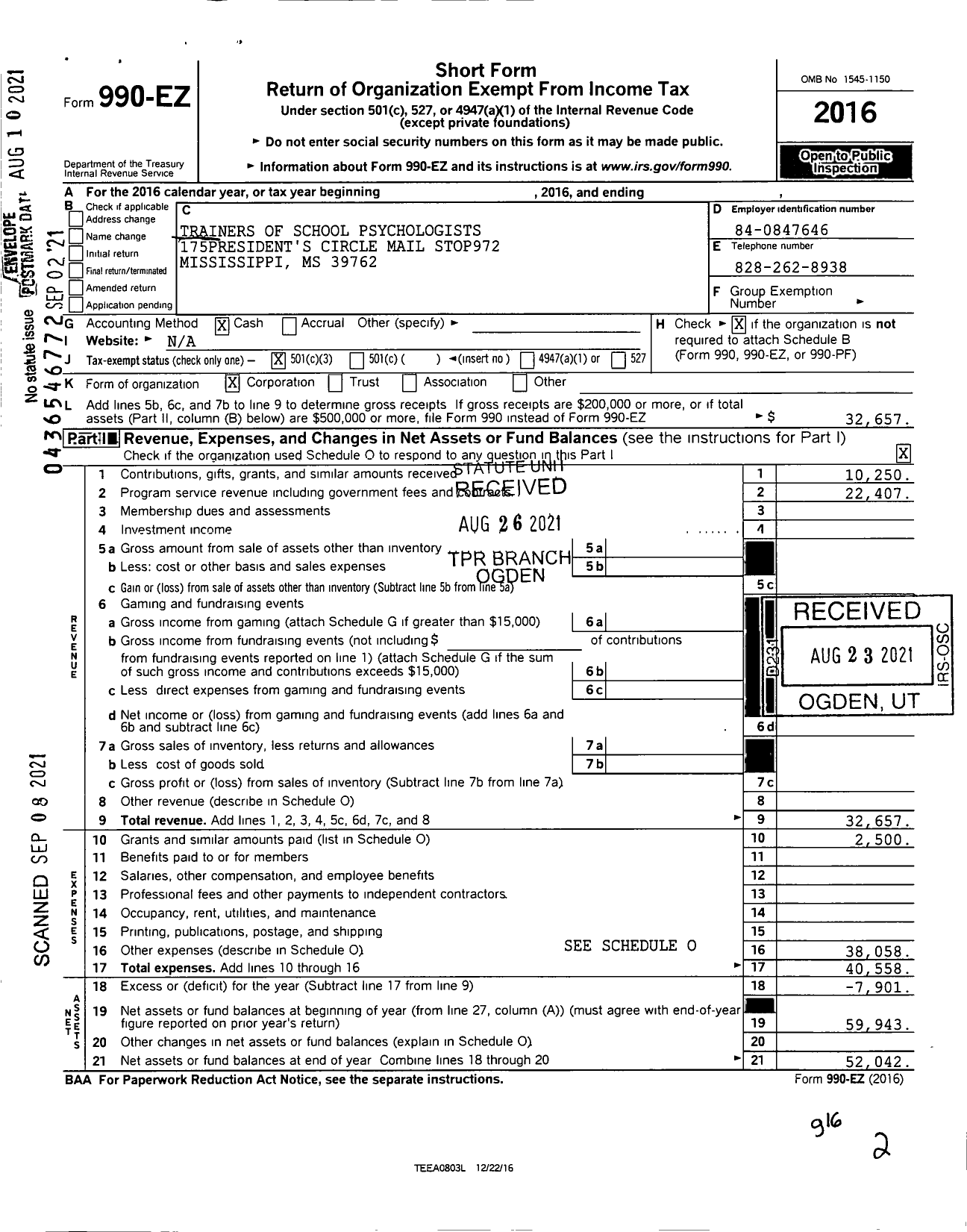 Image of first page of 2016 Form 990EA for Trainers of School Psychologists