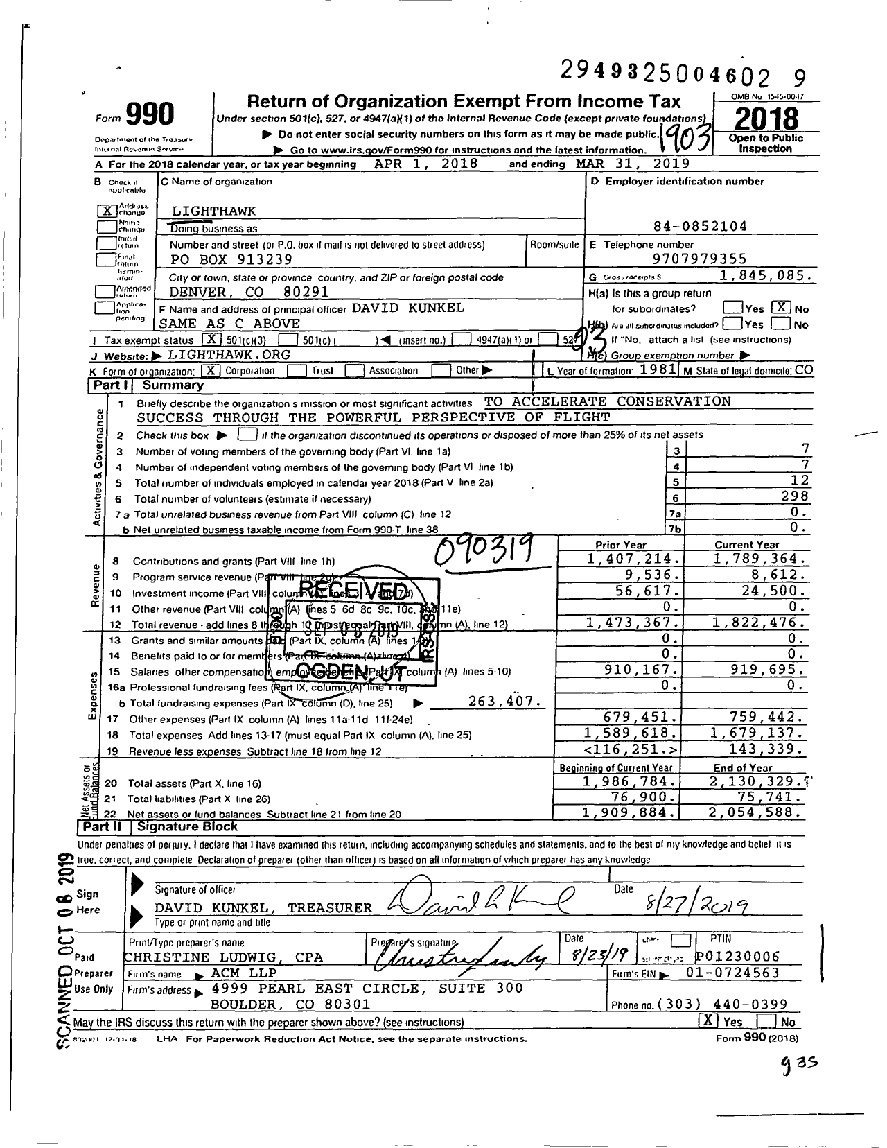 Image of first page of 2018 Form 990 for LightHawk