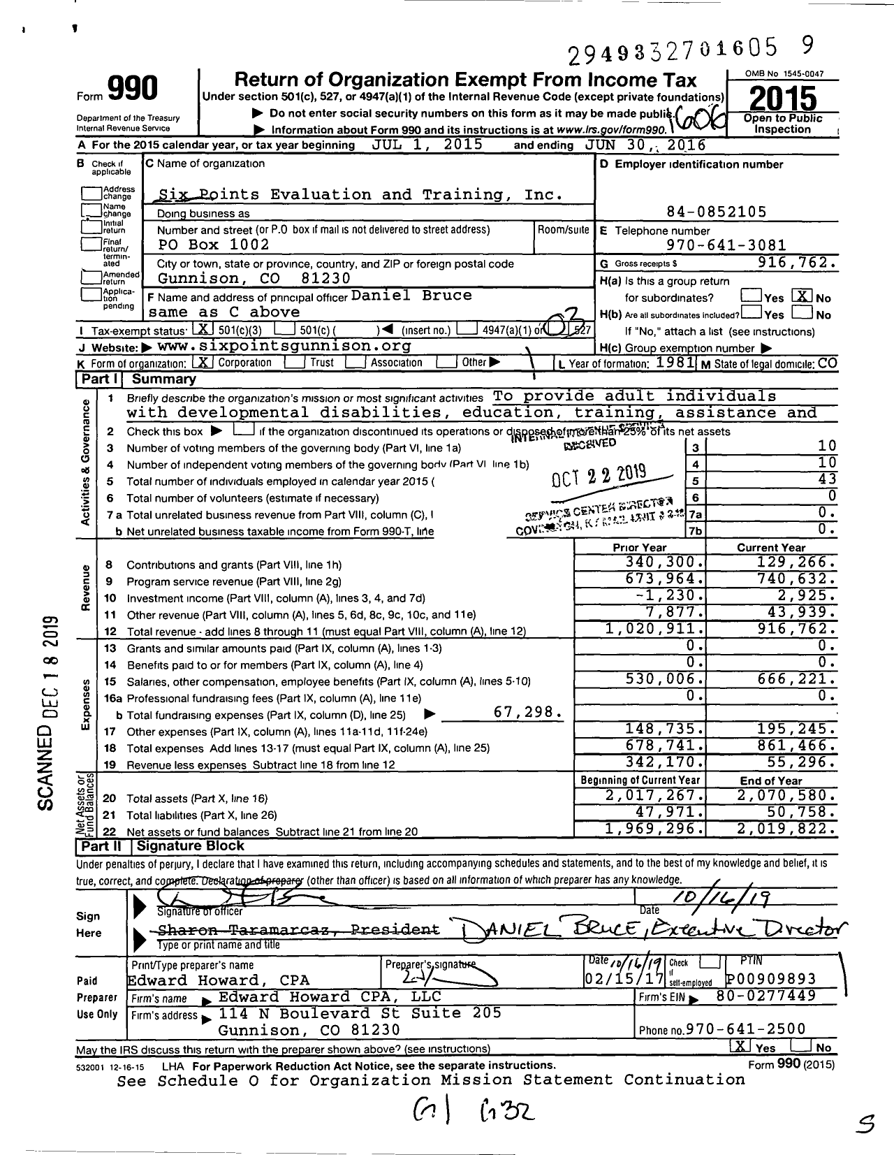 Image of first page of 2015 Form 990 for Six Points Evaluation and Training