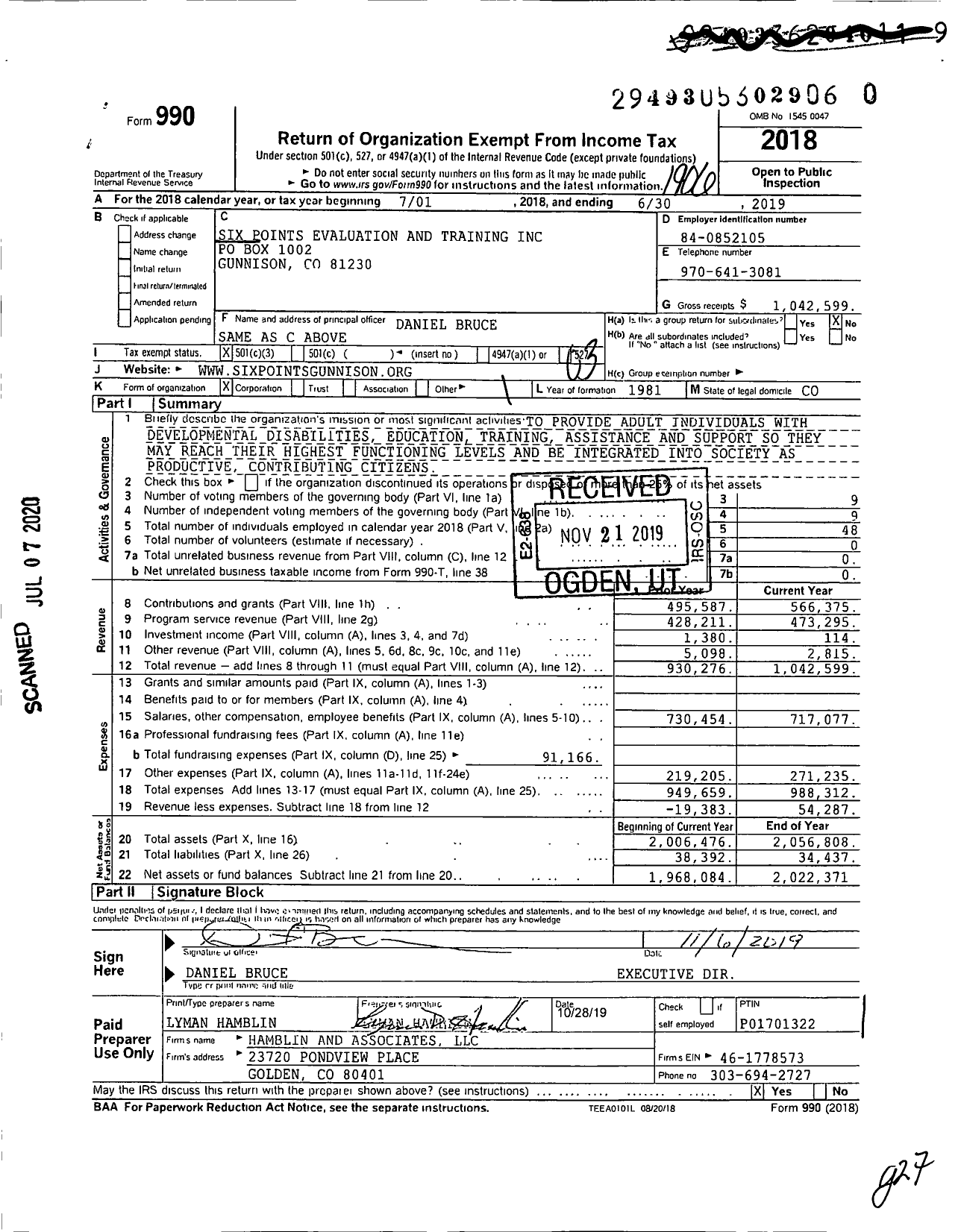 Image of first page of 2018 Form 990 for Six Points Evaluation and Training